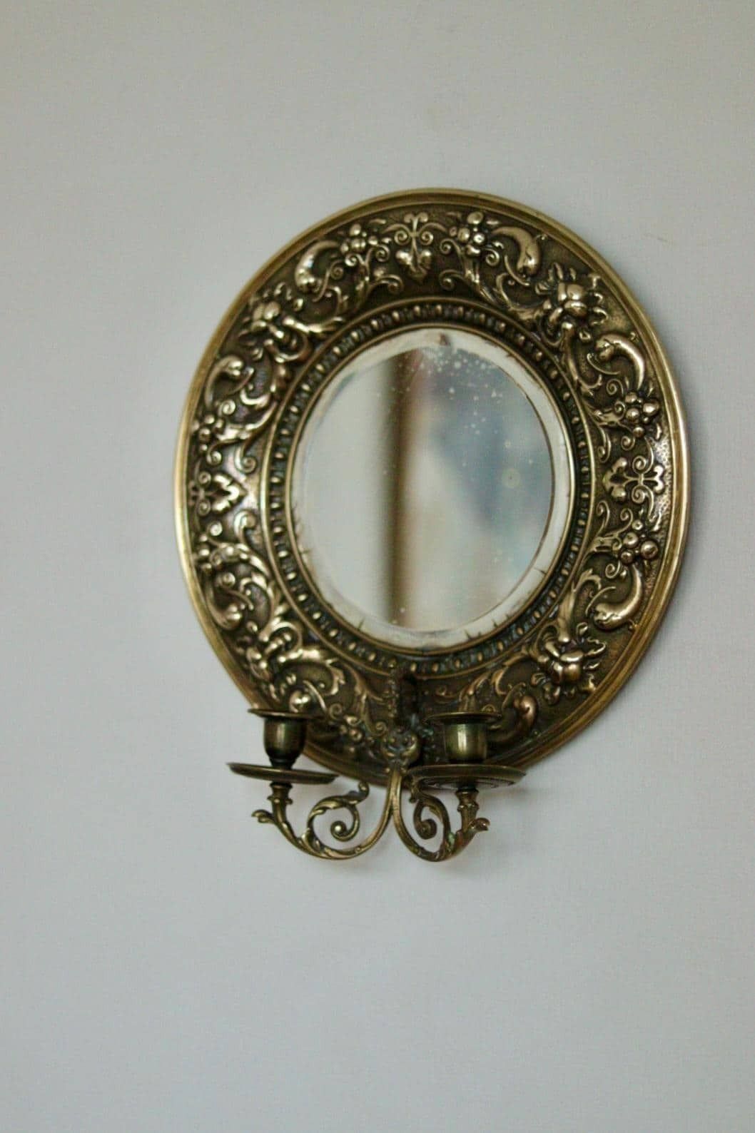 345.0 Pair Of Antique Swedish Brass Sconces With Mirror photo