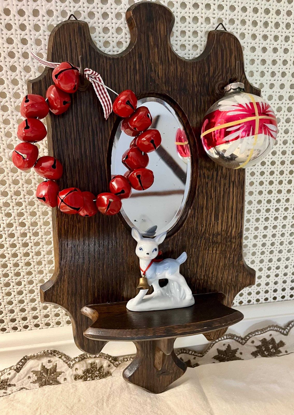 Small Antique Arts & Crafts Oval Mirror With Carved Shelf And Hooks Ready To Hang photo vinterior
