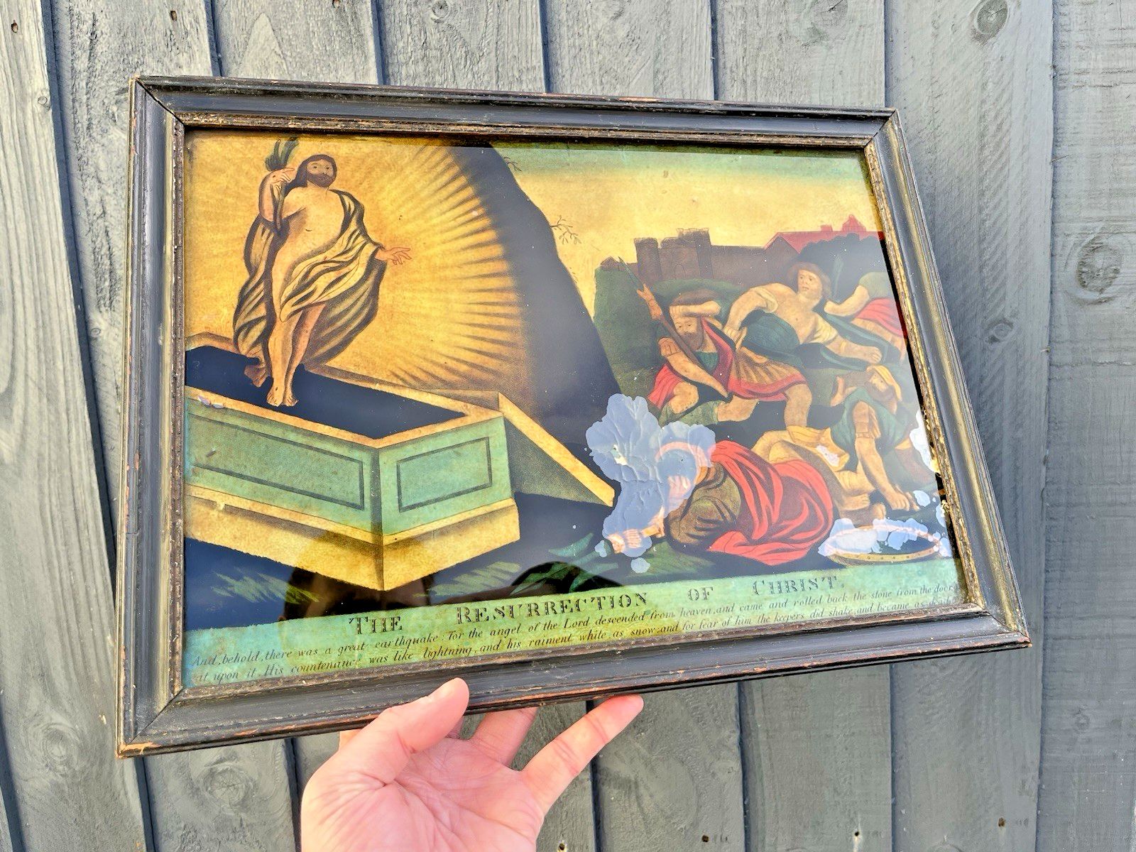 1810 Antique Resurrection Of Christ Reverse Glass Mezzotint Print Religious Icon photo for sale
