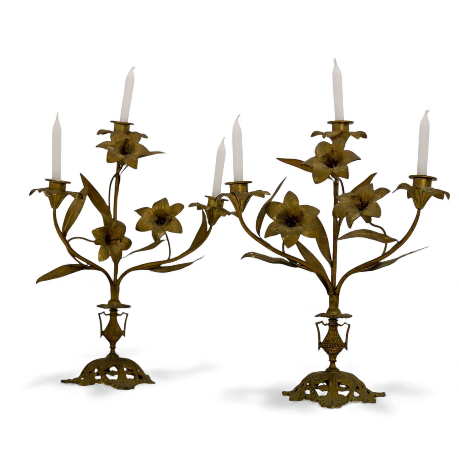 Pair Of Antique French Gilt Church Candelabra With Floral Branches, C.1900