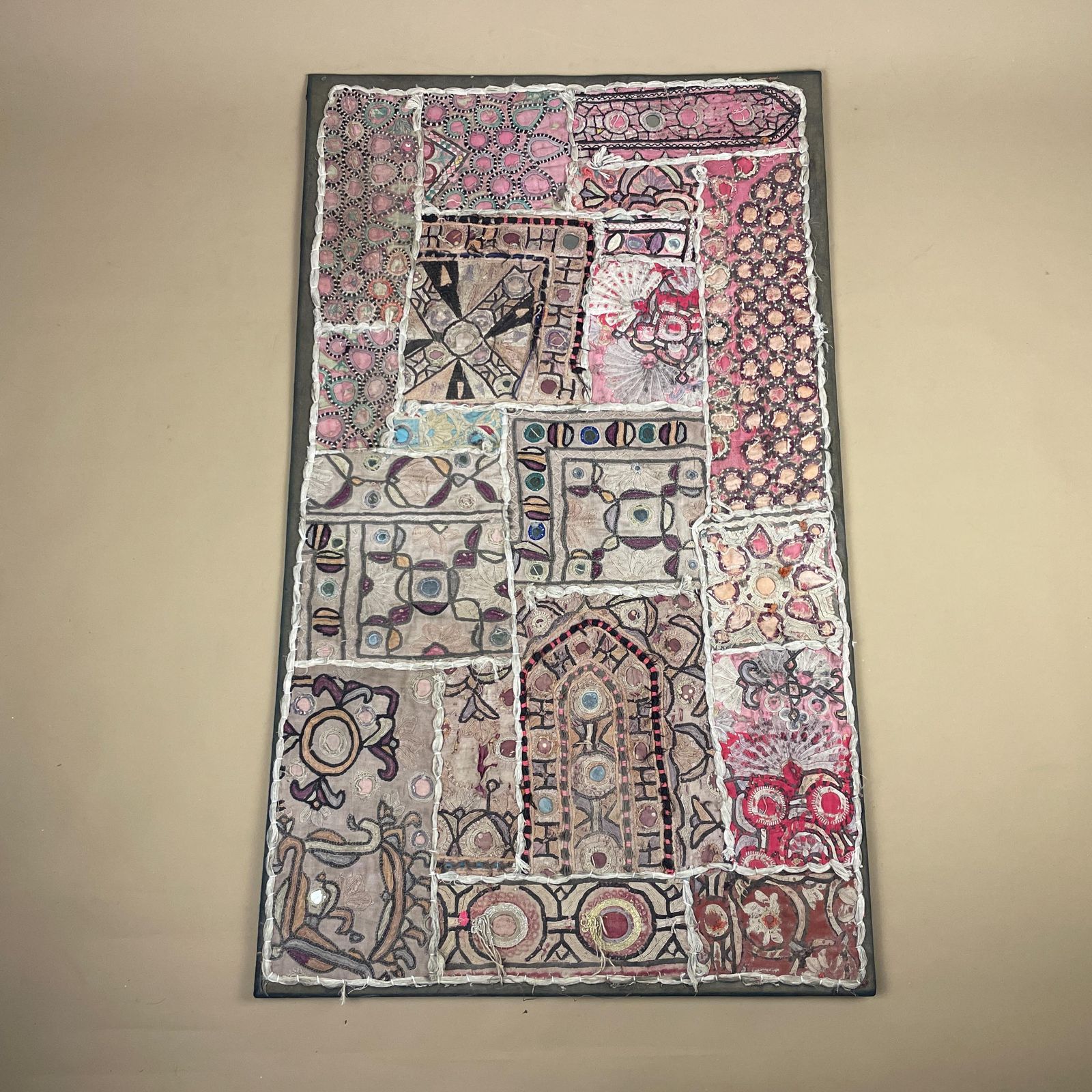 Vintage Indian Textile Patchwork Embroidered Fabric On Board Art Artwork Pink Boho Folk Accent Home Decor photo for sale