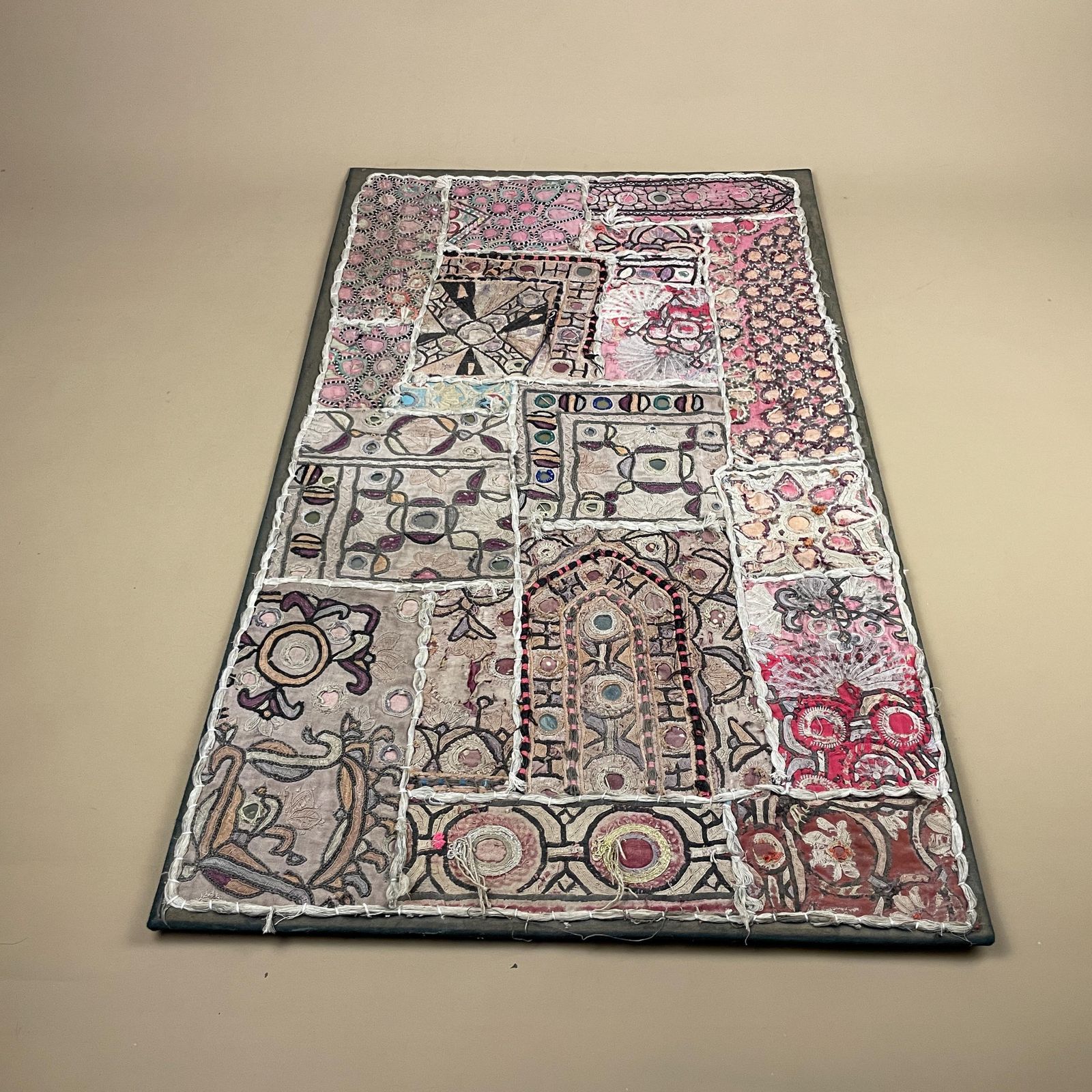 Vintage Indian Textile Patchwork Embroidered Fabric On Board Art Artwork Pink Boho Folk Accent Home Decor photo Textiles