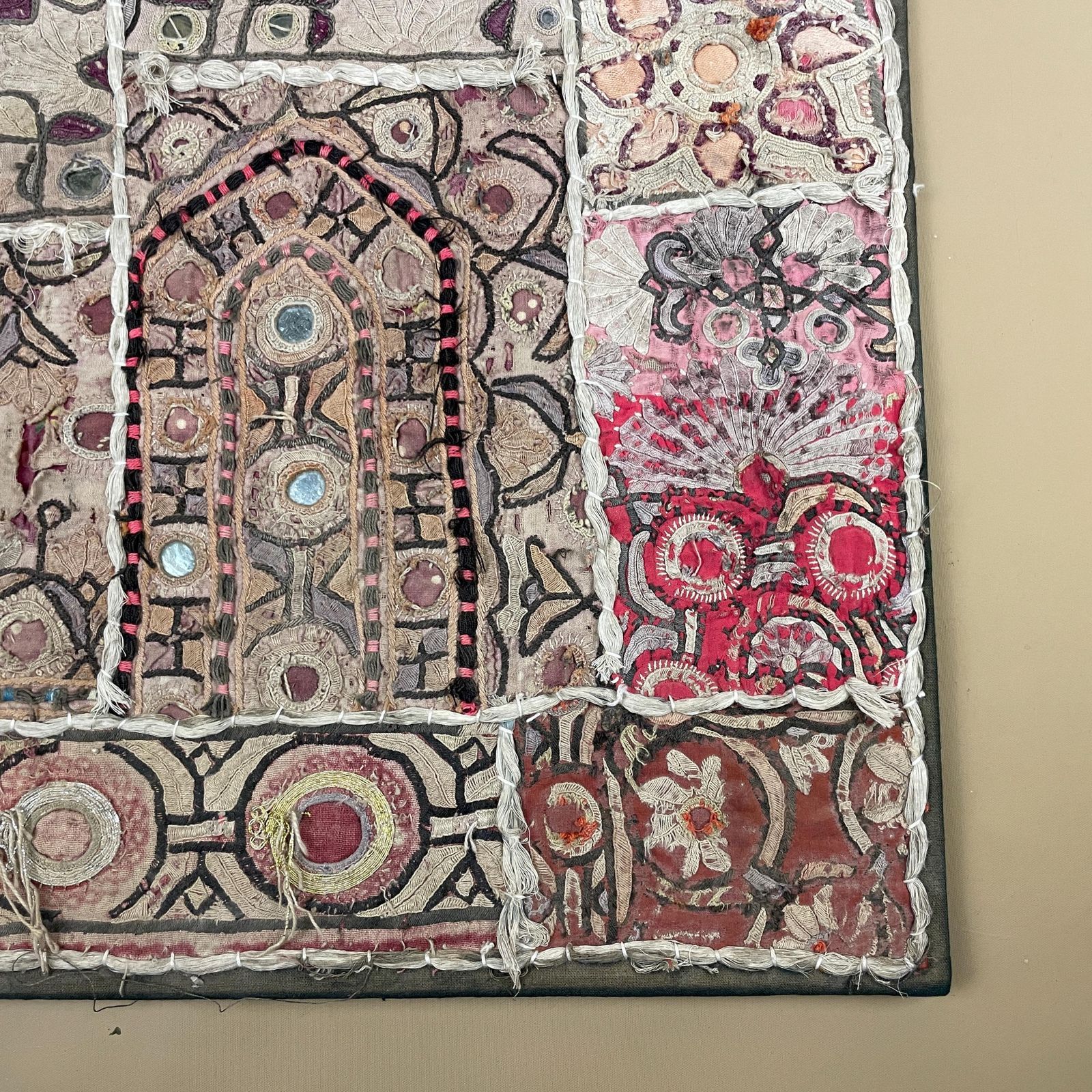 Vintage Indian Textile Patchwork Embroidered Fabric On Board Art Artwork Pink Boho Folk Accent Home Decor photo 99.0