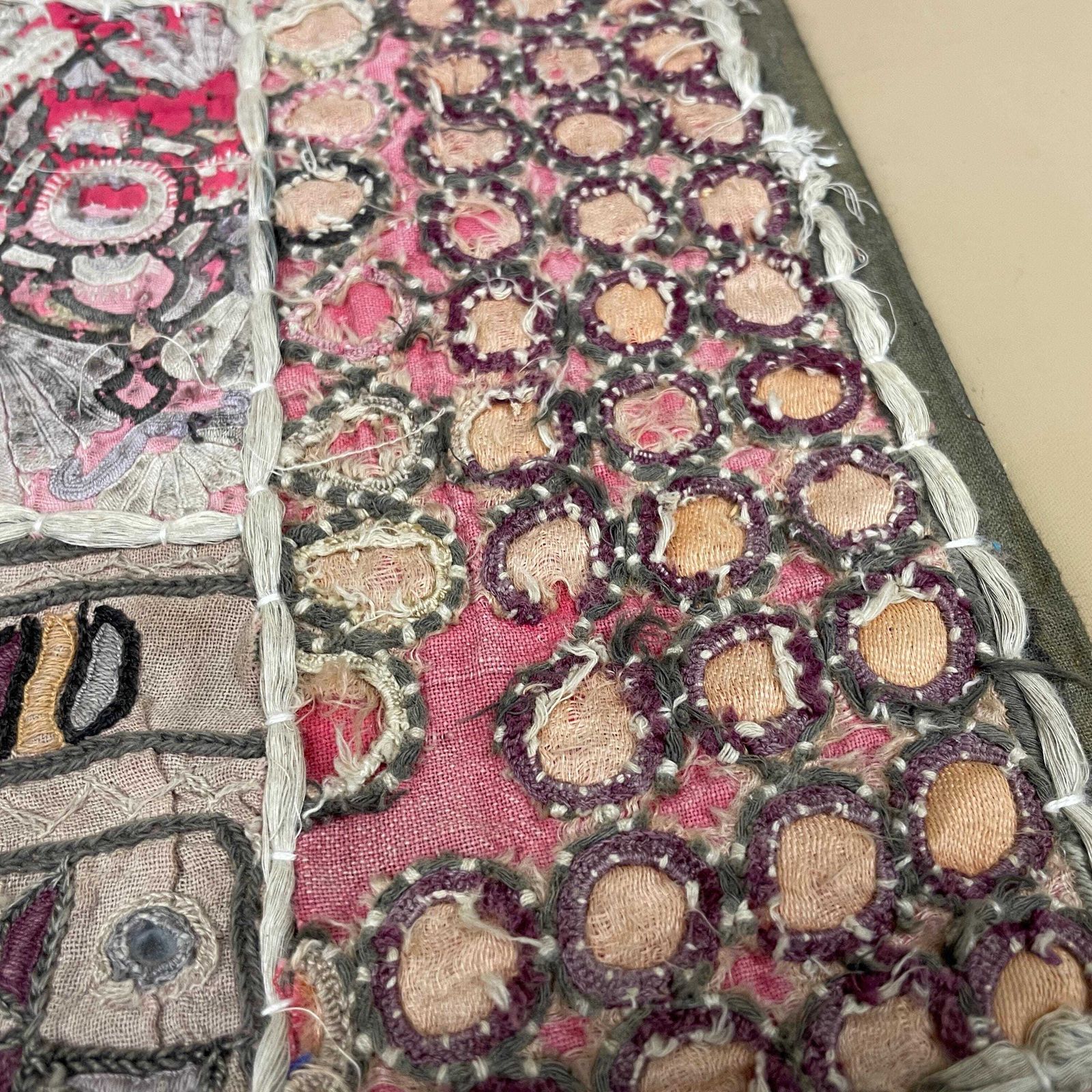 Vintage Indian Textile Patchwork Embroidered Fabric On Board Art Artwork Pink Boho Folk Accent Home Decor photo vintage