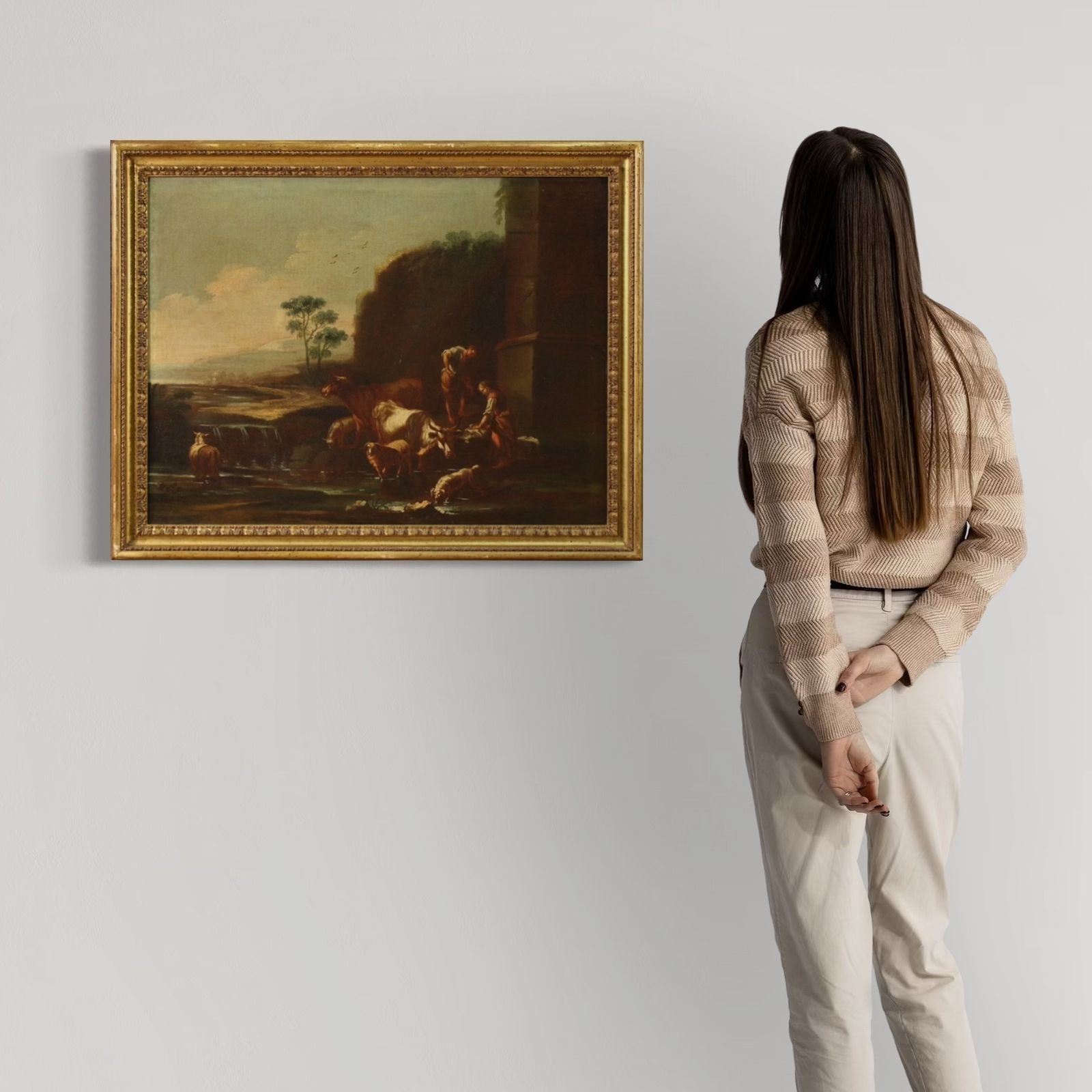 Painting Of The Roman School Of The 17th Century, Landscape With Pastoral Scene photo for sale