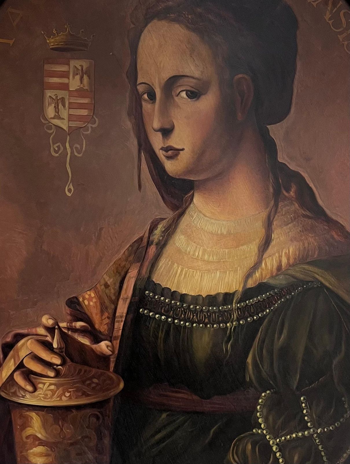 Spanish Antique Huge Antique Oil Painting Oval Portrait Of Mary Magdalene Holding Ointment Jar photo furniture