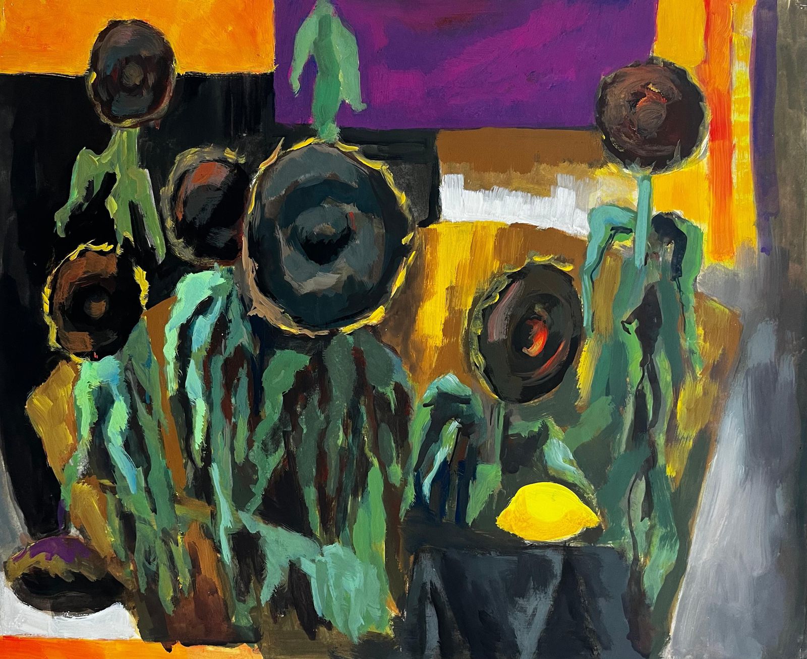 Guy Nicod Abstract Sunflowers Still Life French Modernist Gouache Painting