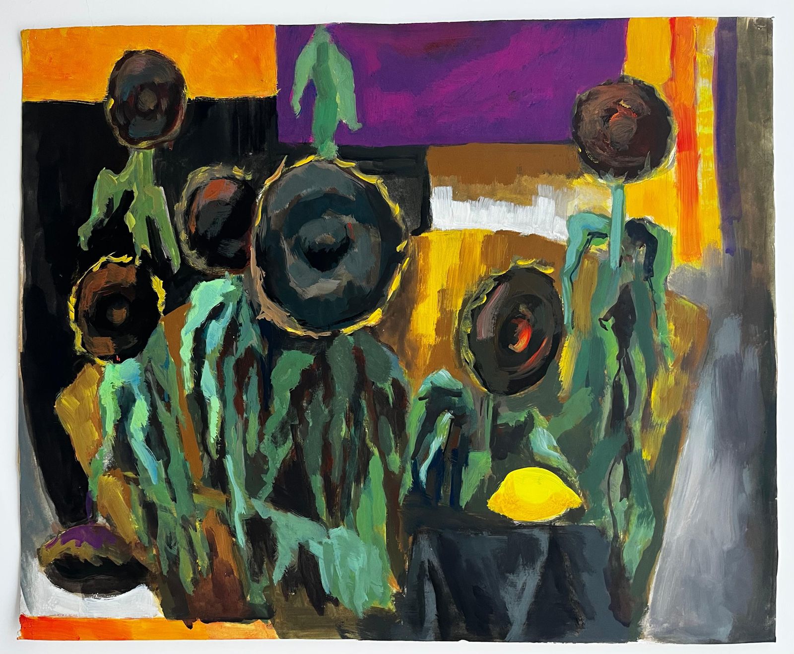 Guy Nicod Abstract Sunflowers Still Life French Modernist Gouache Painting photo furniture