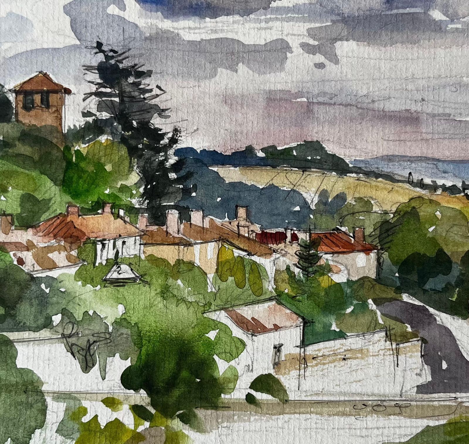 Pierre Neveu French Hilltop Village Fields Distant Landscape And Clouds Watercolor photo buy