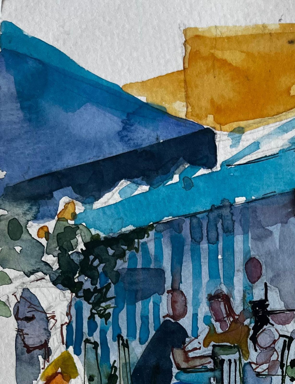 Pierre Neveu Mediterranean Café Terrace Figures Blue Awnings Sunlit Street Watercolor photo Art