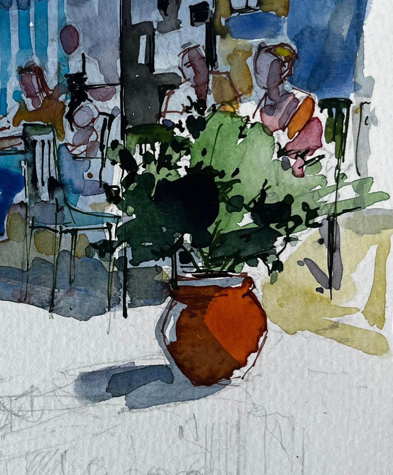Pierre Neveu Mediterranean Café Terrace Figures Blue Awnings Sunlit Street Watercolor photo 415.0