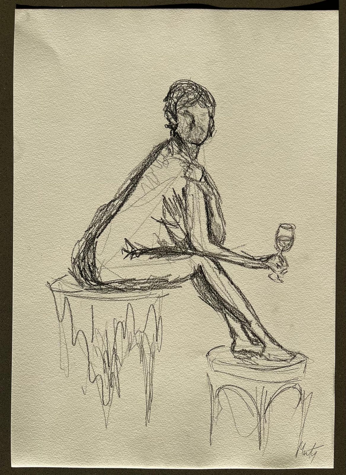 Minty Ramsey Seated Nude Female Figure Holding Wine Glass Expressive Gestural Pencil Drawing 2025 photo furniture