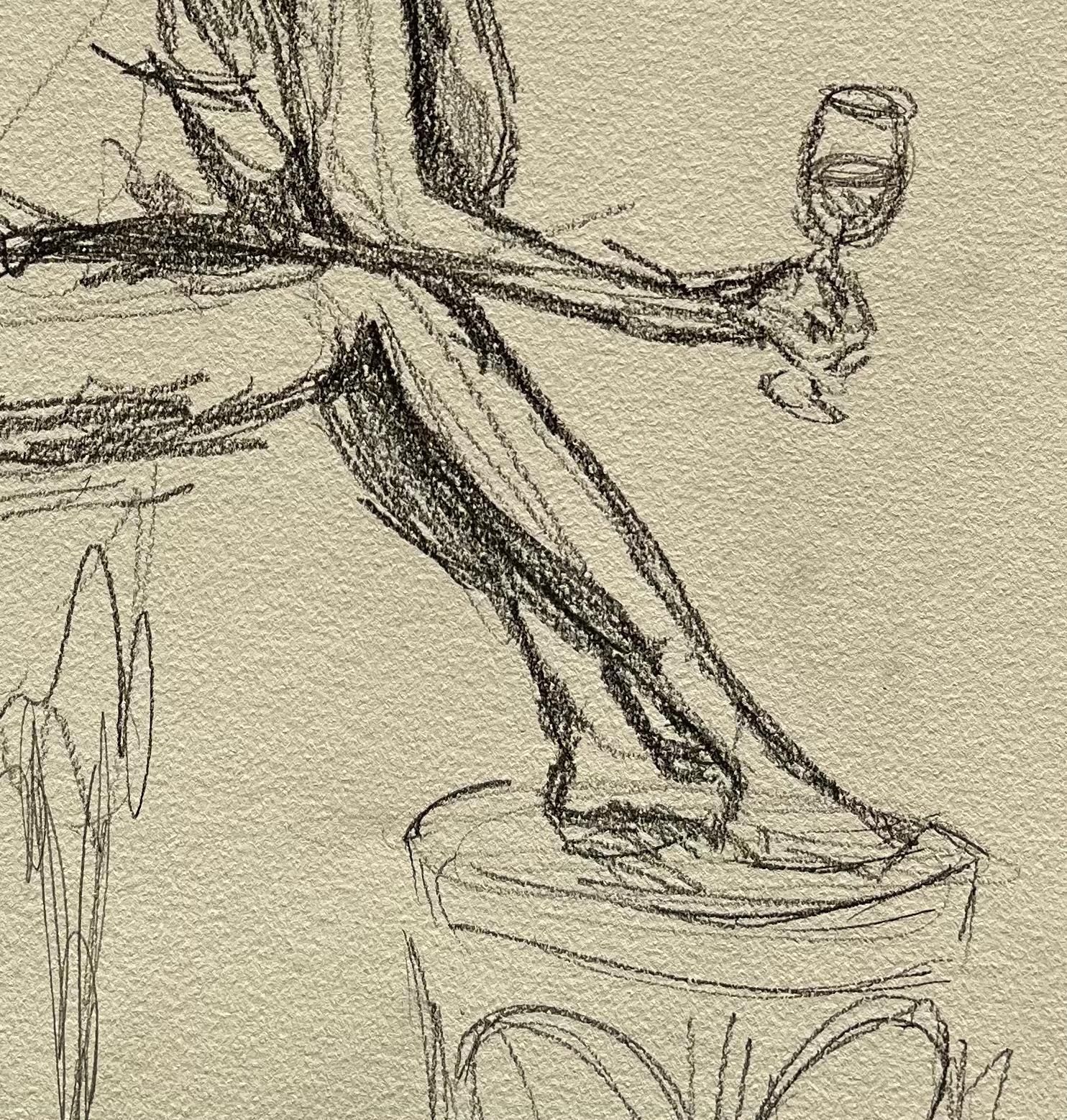 Minty Ramsey Seated Nude Female Figure Holding Wine Glass Expressive Gestural Pencil Drawing 2025 photo 360.0