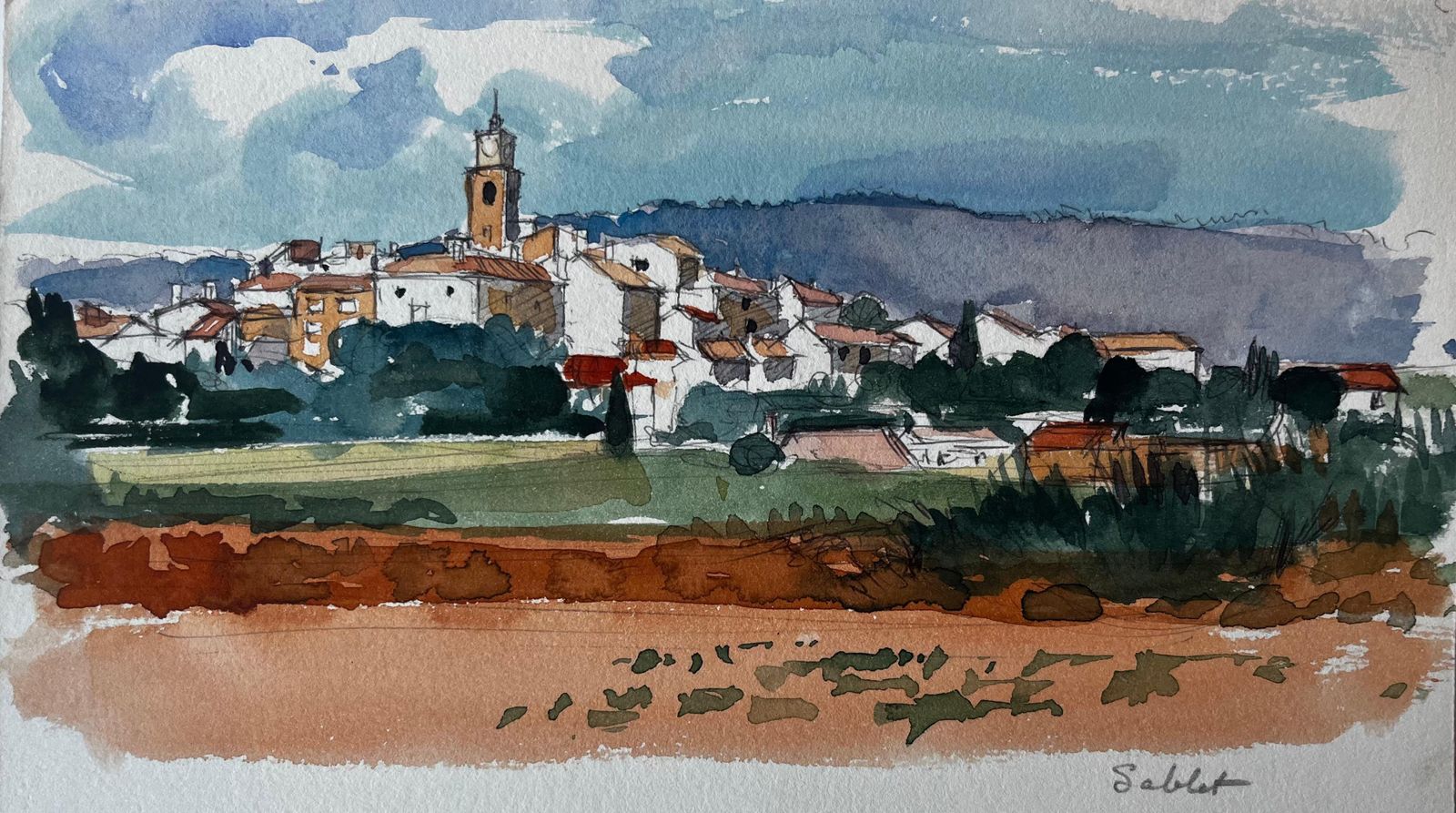 Pierre Neveu Sablet Village Hilltop View Church Tower Vineyards And Red Earth Watercolour