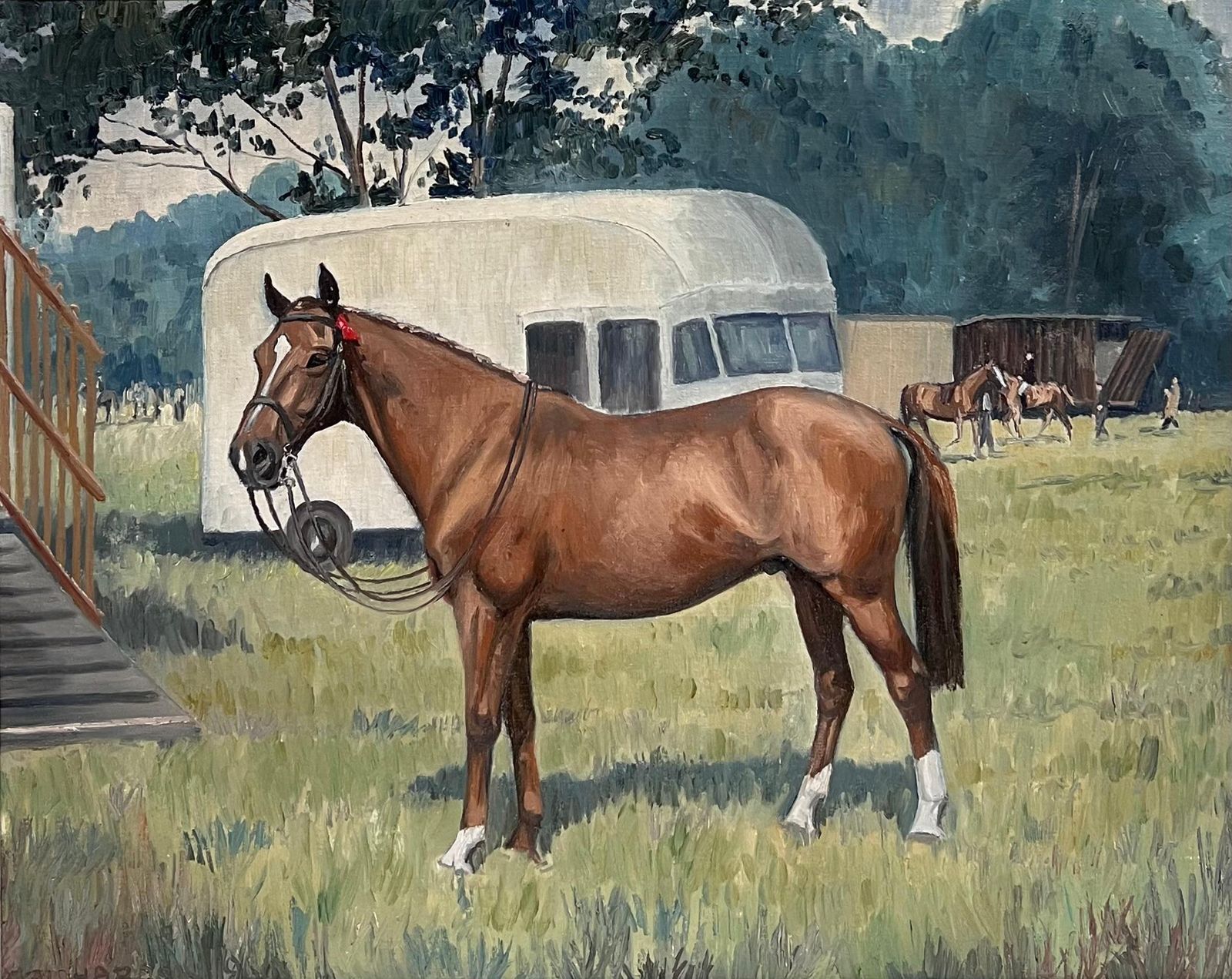 English School, 1966 Fine English Sporting Art Oil Painting Racehorse In Paddock Signed & Dated 1966 photo furniture