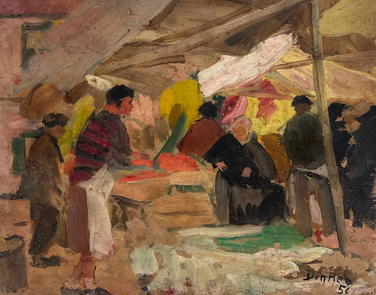 Suzanne Dinkes French 1950's Signed Oil Painting Busy Fruit & Veg French Market Scene Figures