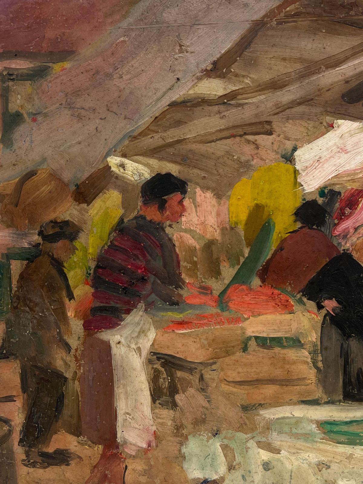 Suzanne Dinkes French 1950's Signed Oil Painting Busy Fruit & Veg French Market Scene Figures photo vinterior