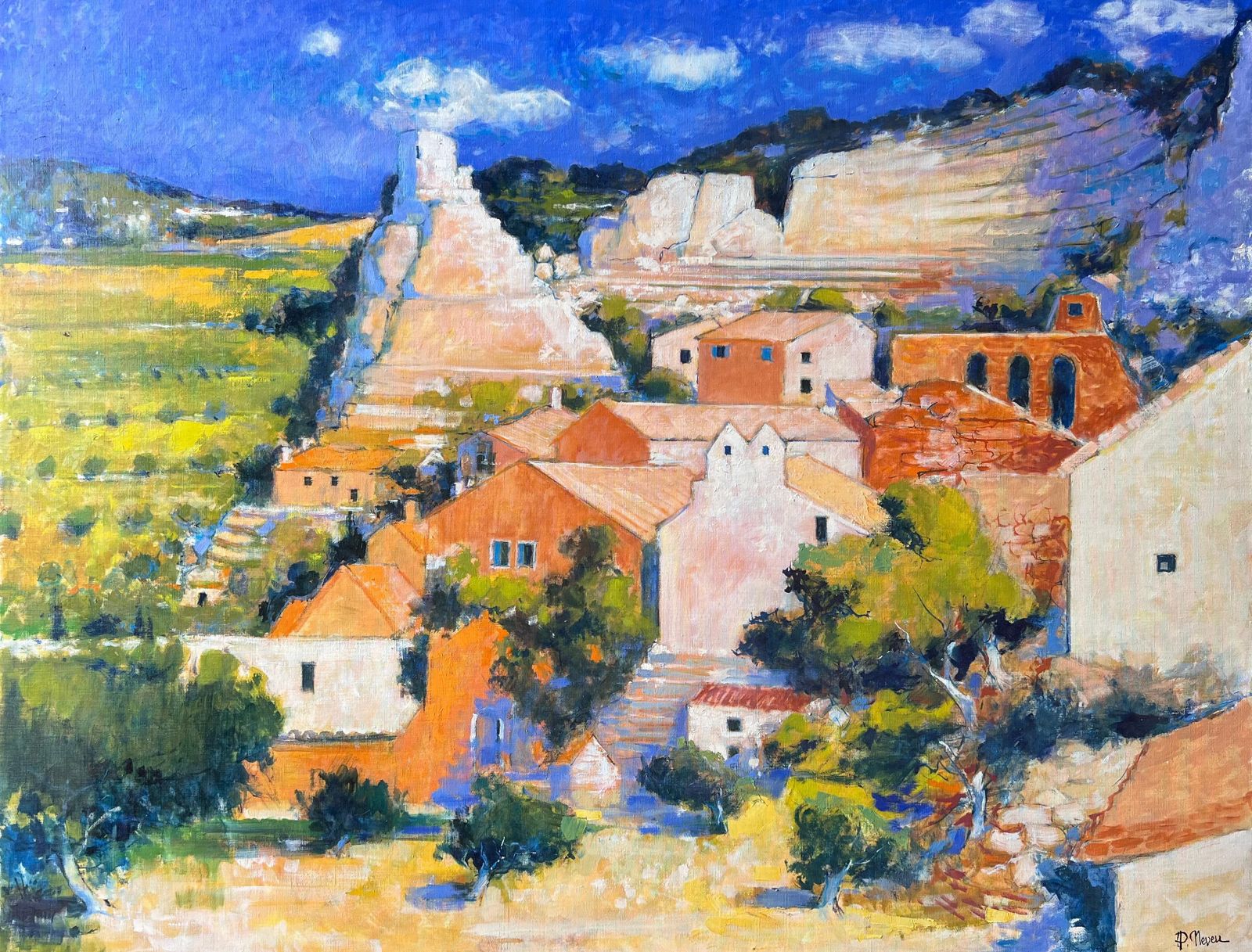 Pierre Neveu Huge Sunlit Hilltop Balazuc With Tall Cliffs And Terracotta Homes Oil Painting