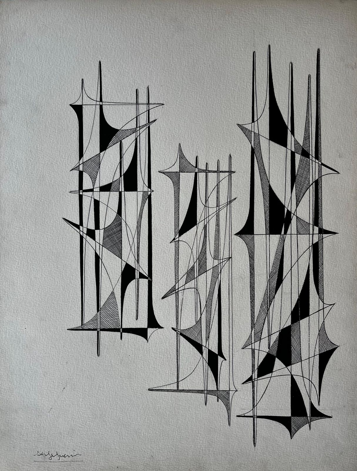 Serge Guerin (1916) Mid Century French Black And White Linear Geometric Abstract Drawing