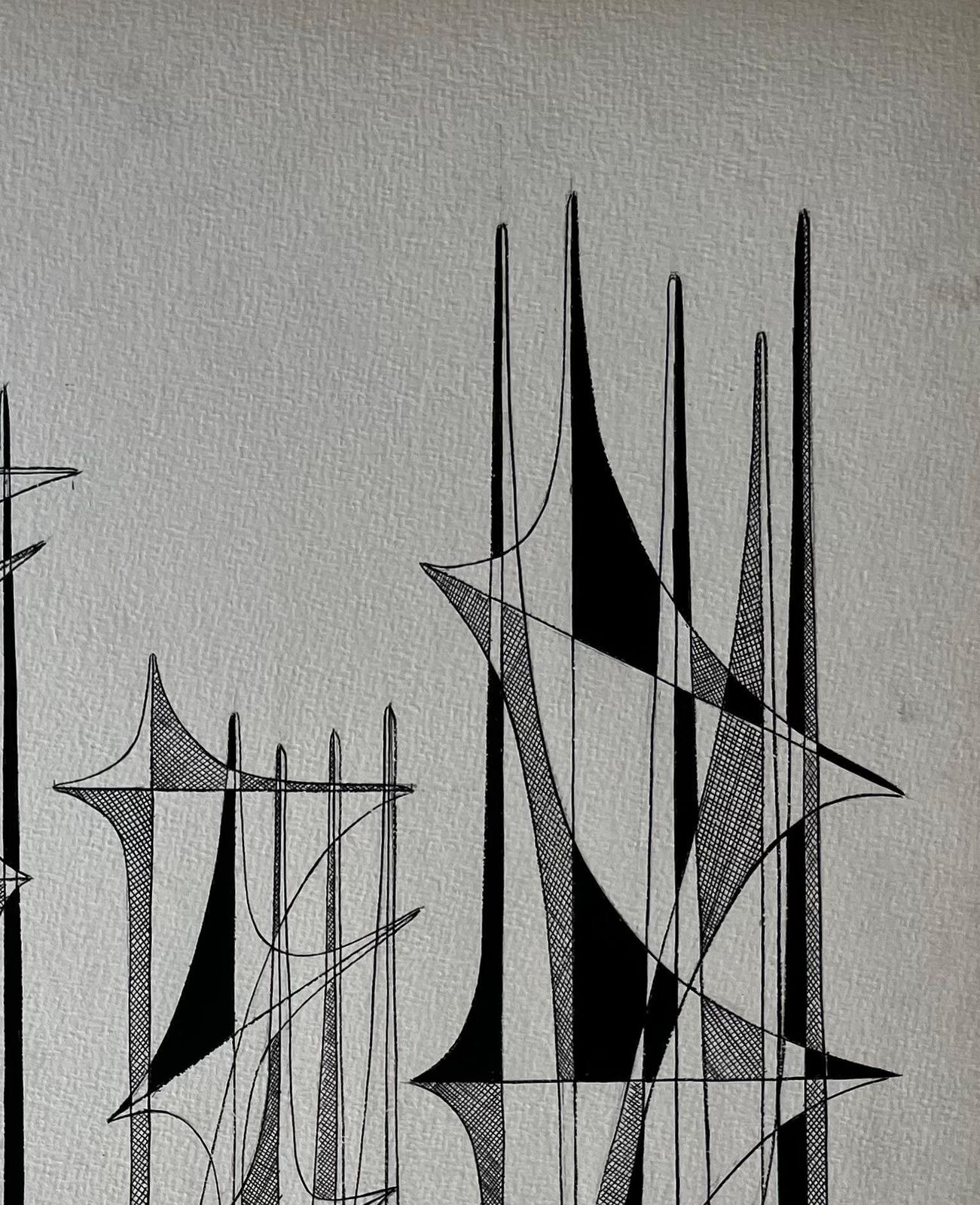 Serge Guerin (1916) Mid Century French Black And White Linear Geometric Abstract Drawing photo for sale