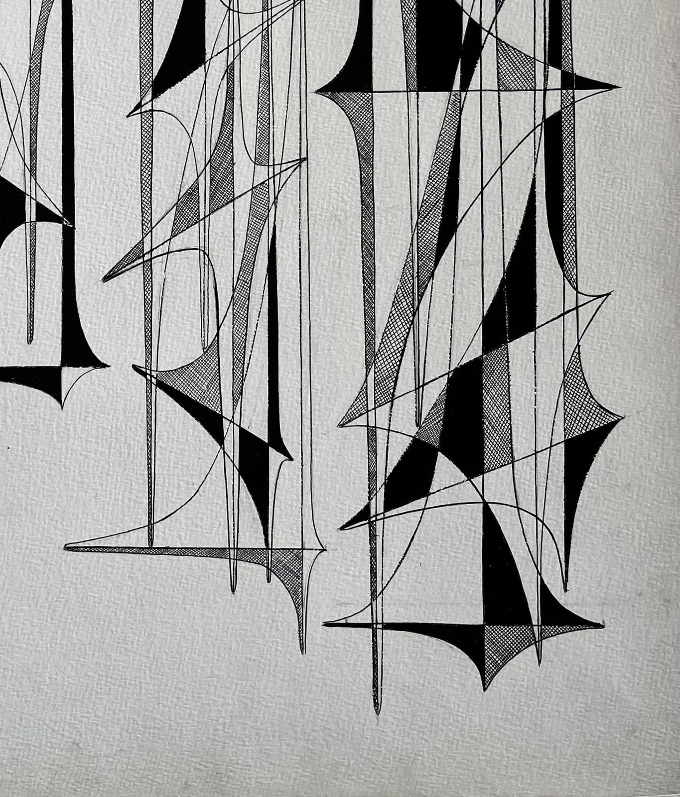 Serge Guerin (1916) Mid Century French Black And White Linear Geometric Abstract Drawing photo 765.0