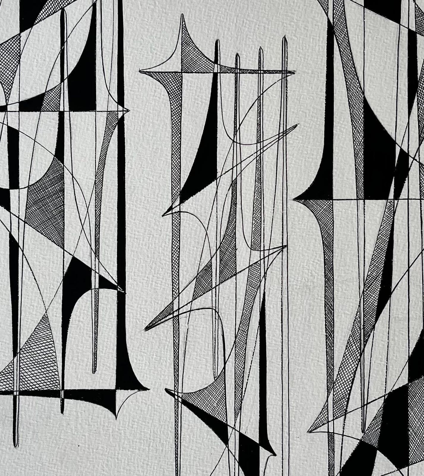 Serge Guerin (1916) Mid Century French Black And White Linear Geometric Abstract Drawing photo buy