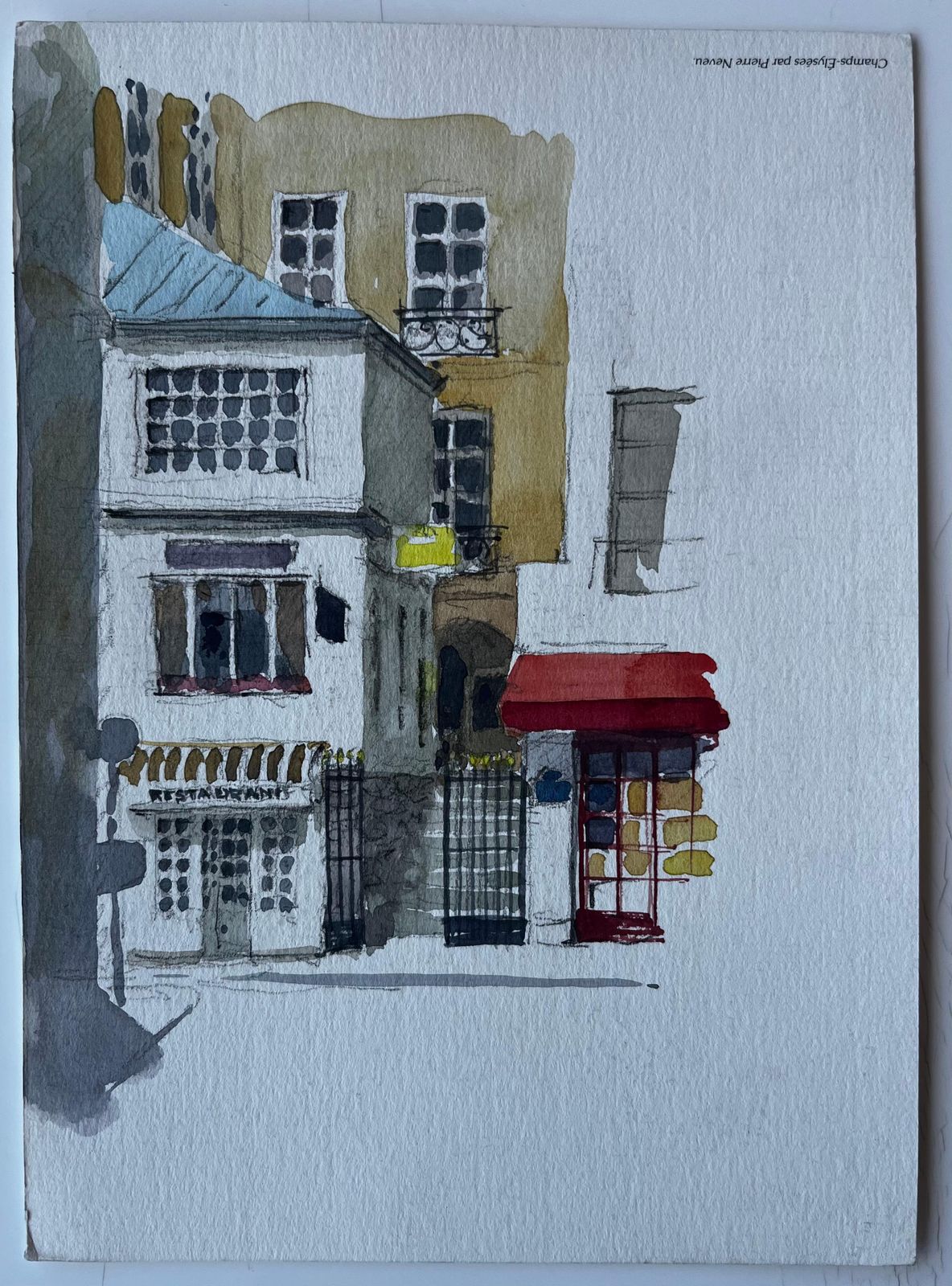 Pierre Neveu Paris Street Scene With Red Awning And Iron Gates Watercolour By Pierre Neveu photo furniture