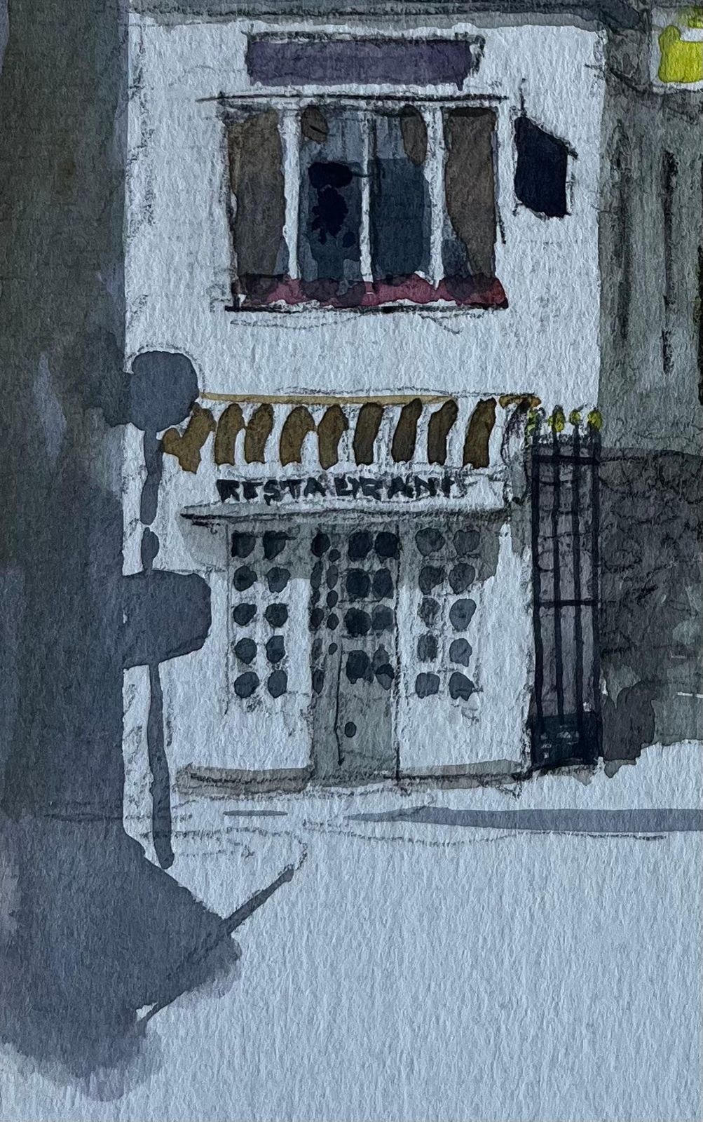 Pierre Neveu Paris Street Scene With Red Awning And Iron Gates Watercolour By Pierre Neveu photo vinterior