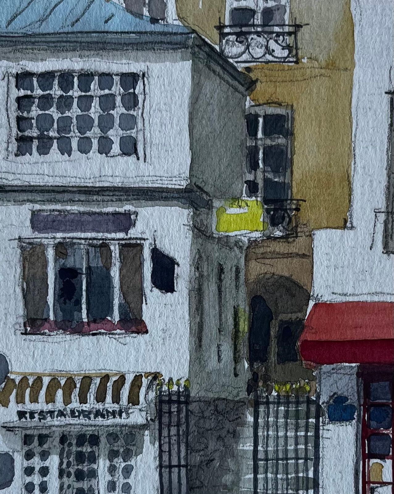Pierre Neveu Paris Street Scene With Red Awning And Iron Gates Watercolour By Pierre Neveu photo buy