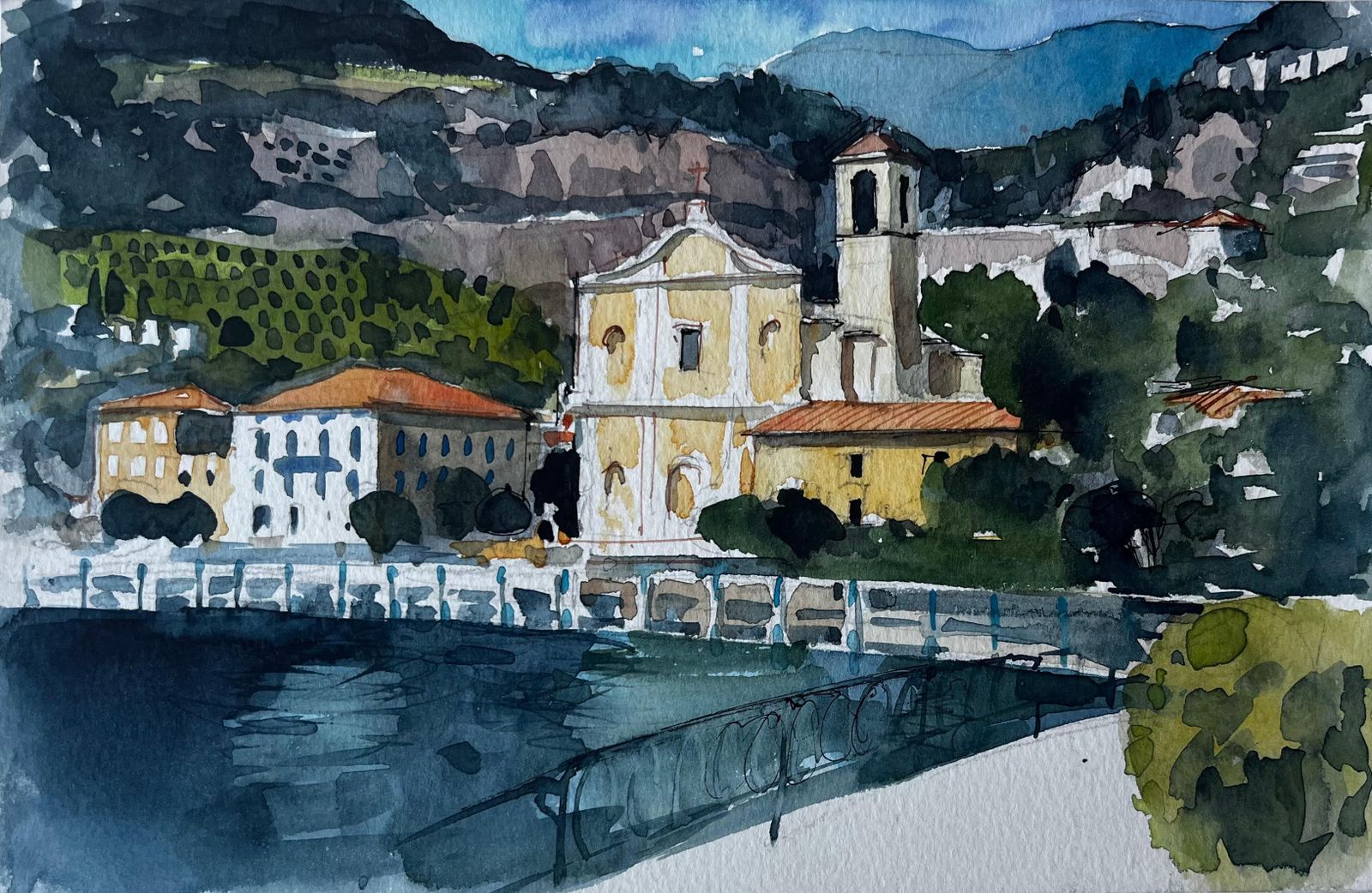 Pierre Neveu Mediterranean Coastal Town And Church Watercolour By Pierre Neveu