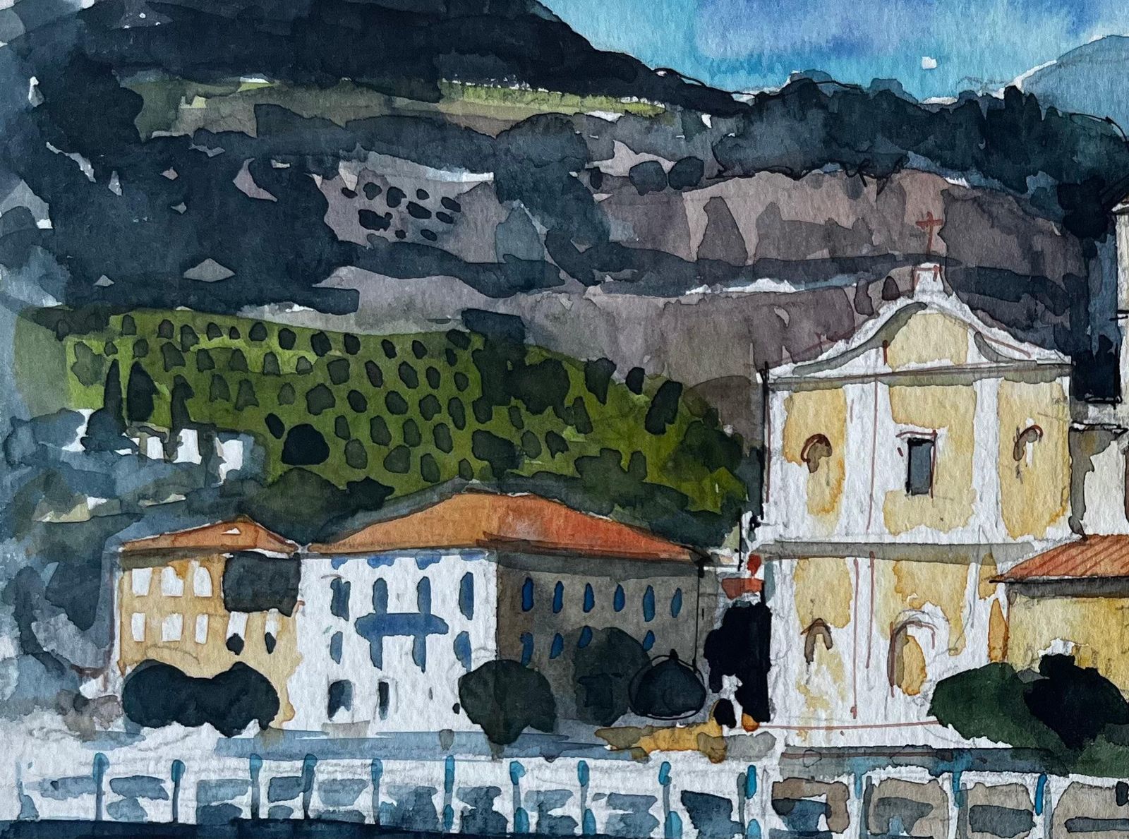 Pierre Neveu Mediterranean Coastal Town And Church Watercolour By Pierre Neveu photo Art
