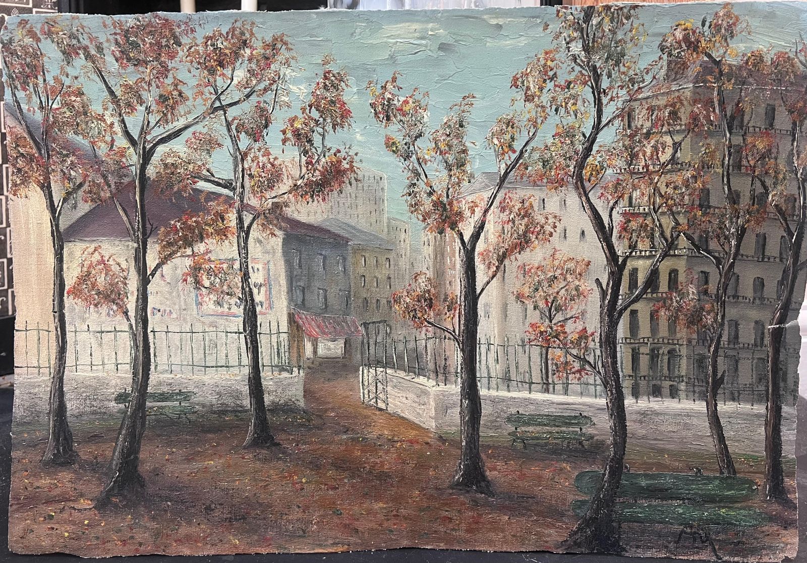 Jean Fourie Tall Autumn Orange Trees At The Village Entrance Oil Landscape Painting photo furniture
