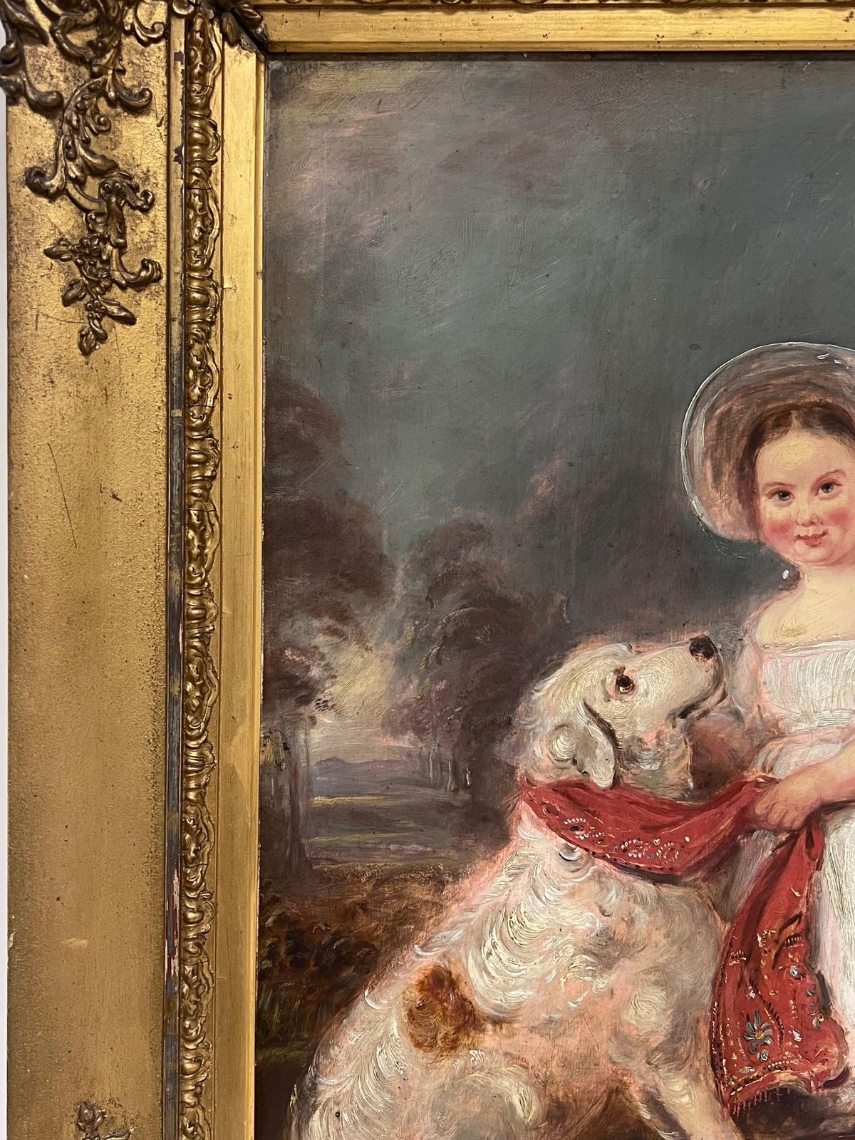 Victorian School Large Victorian English Oil Painting Young Girl Country House Steps With Her Dog photo for sale