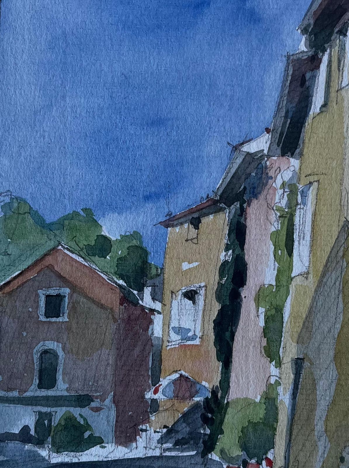 Pierre Neveu Italian Village Street Sunlit Houses With Blue Sky Watercolor photo buy
