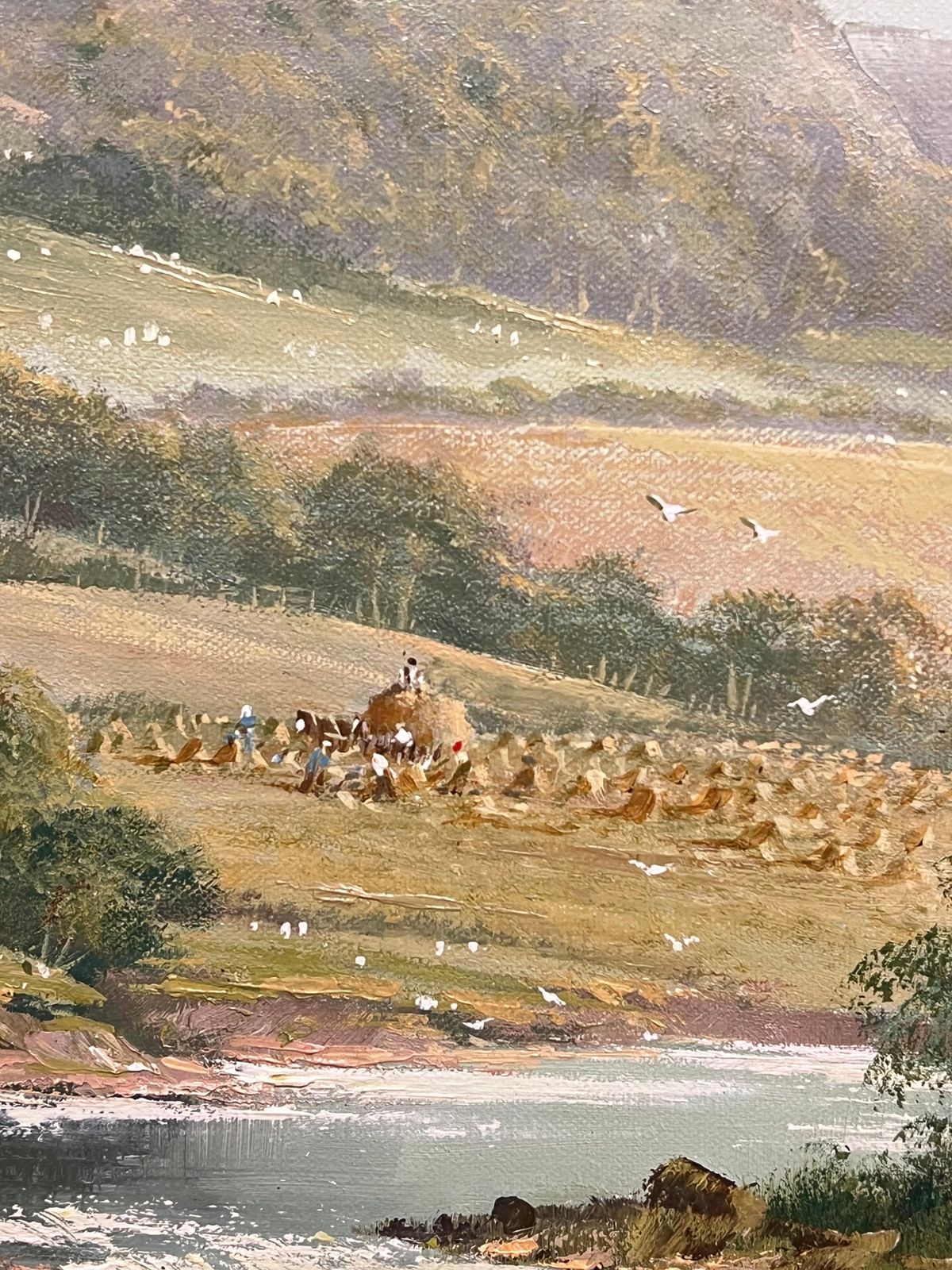 Don Vaughan Large Traditional English Summer River Landscape Oil Painting Harvest & Picnic photo vintage