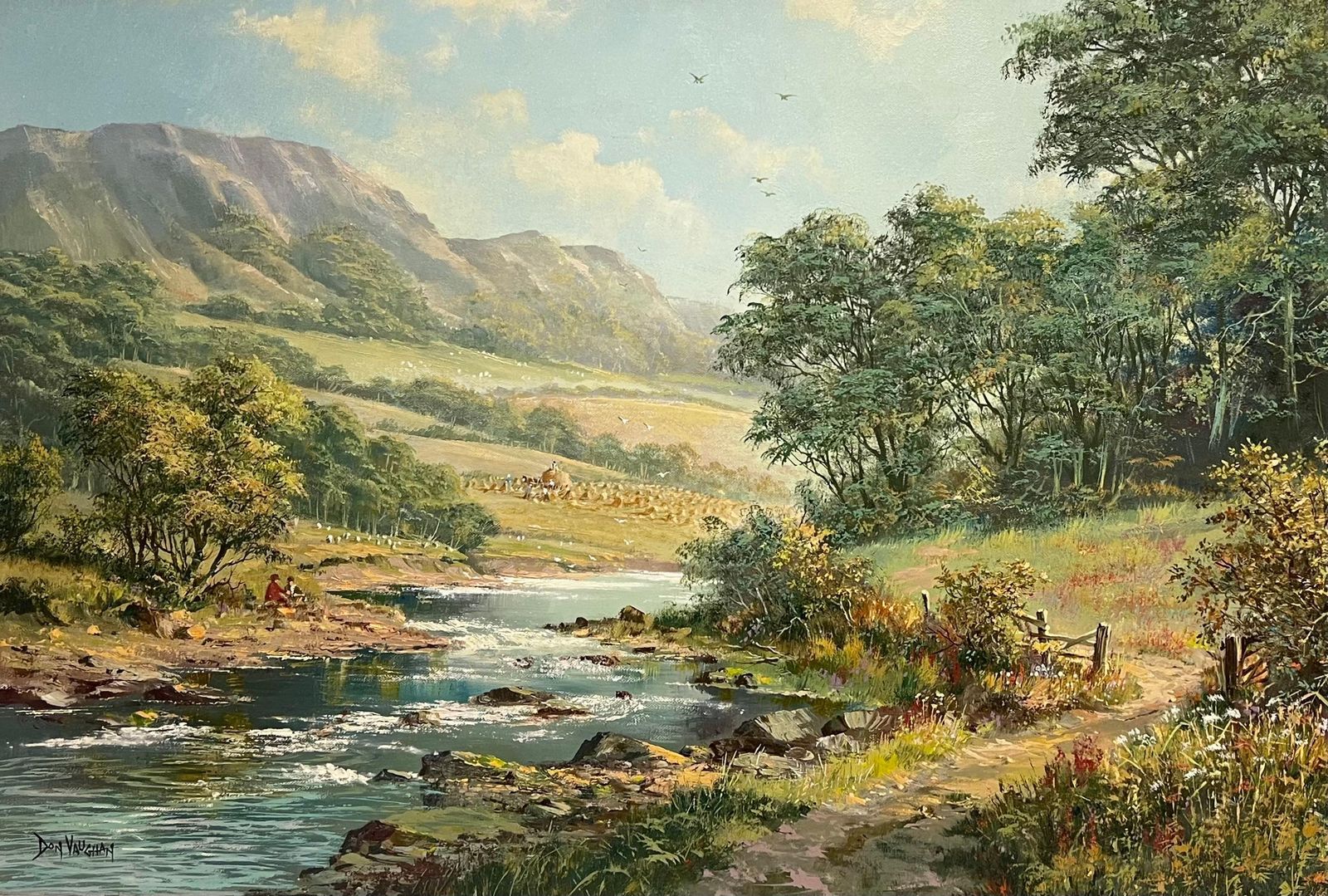 photo for sale Don Vaughan Large Traditional English Summer River Landscape Oil Painting Harvest & Picnic