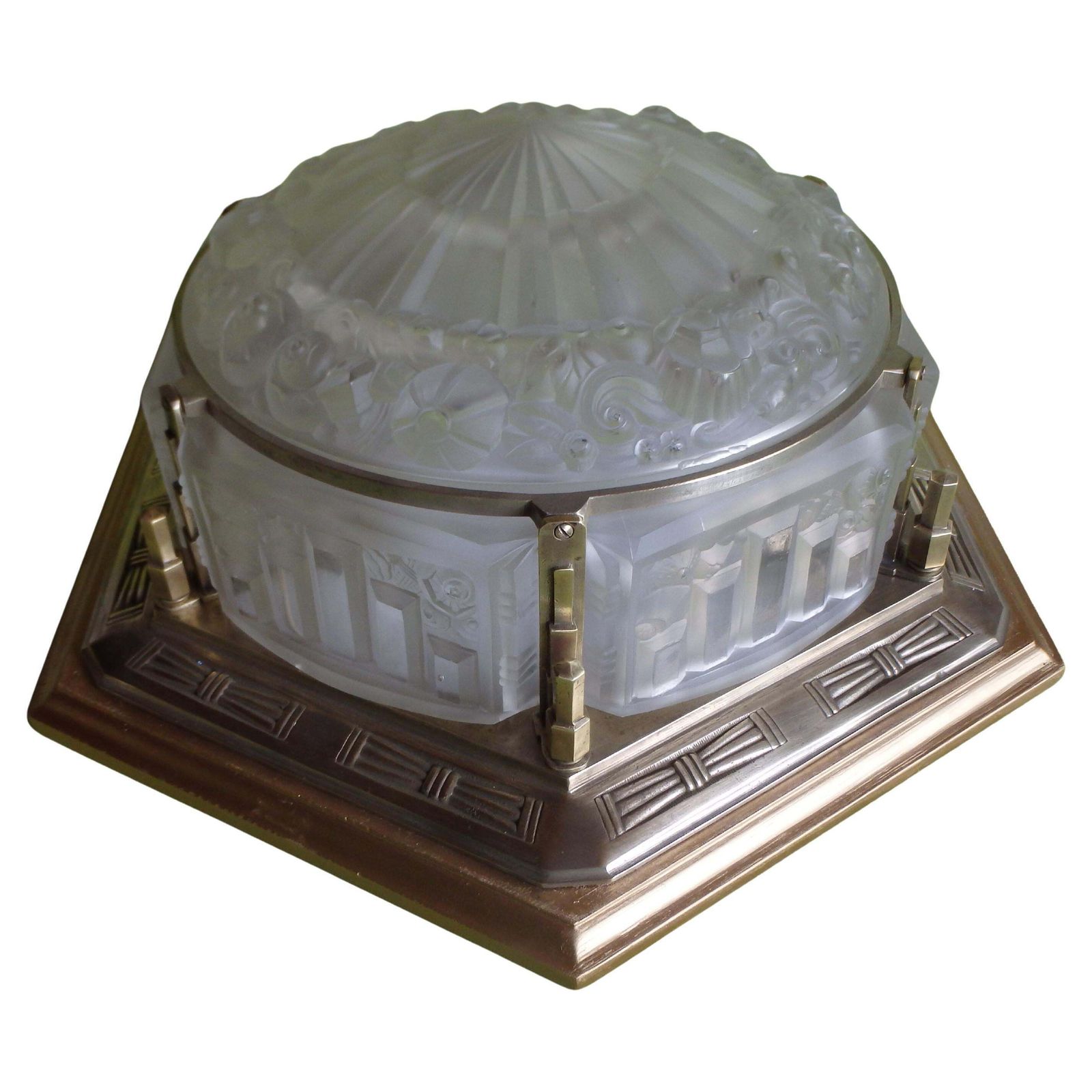 Art Deco Large Ceiling Lamp Geometrical Flower Glass And Brass  Verlys photo for sale