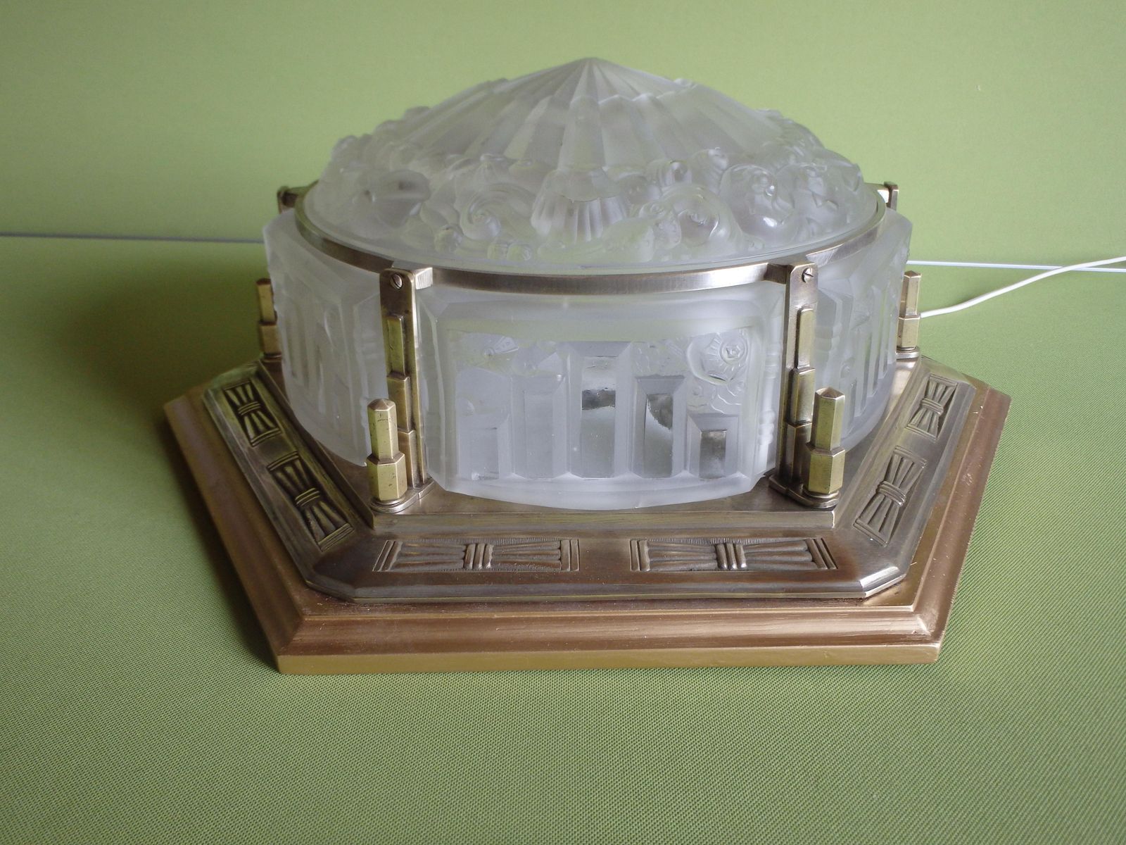 photo for sale Art Deco Large Ceiling Lamp Geometrical Flower Glass And Brass  Verlys
