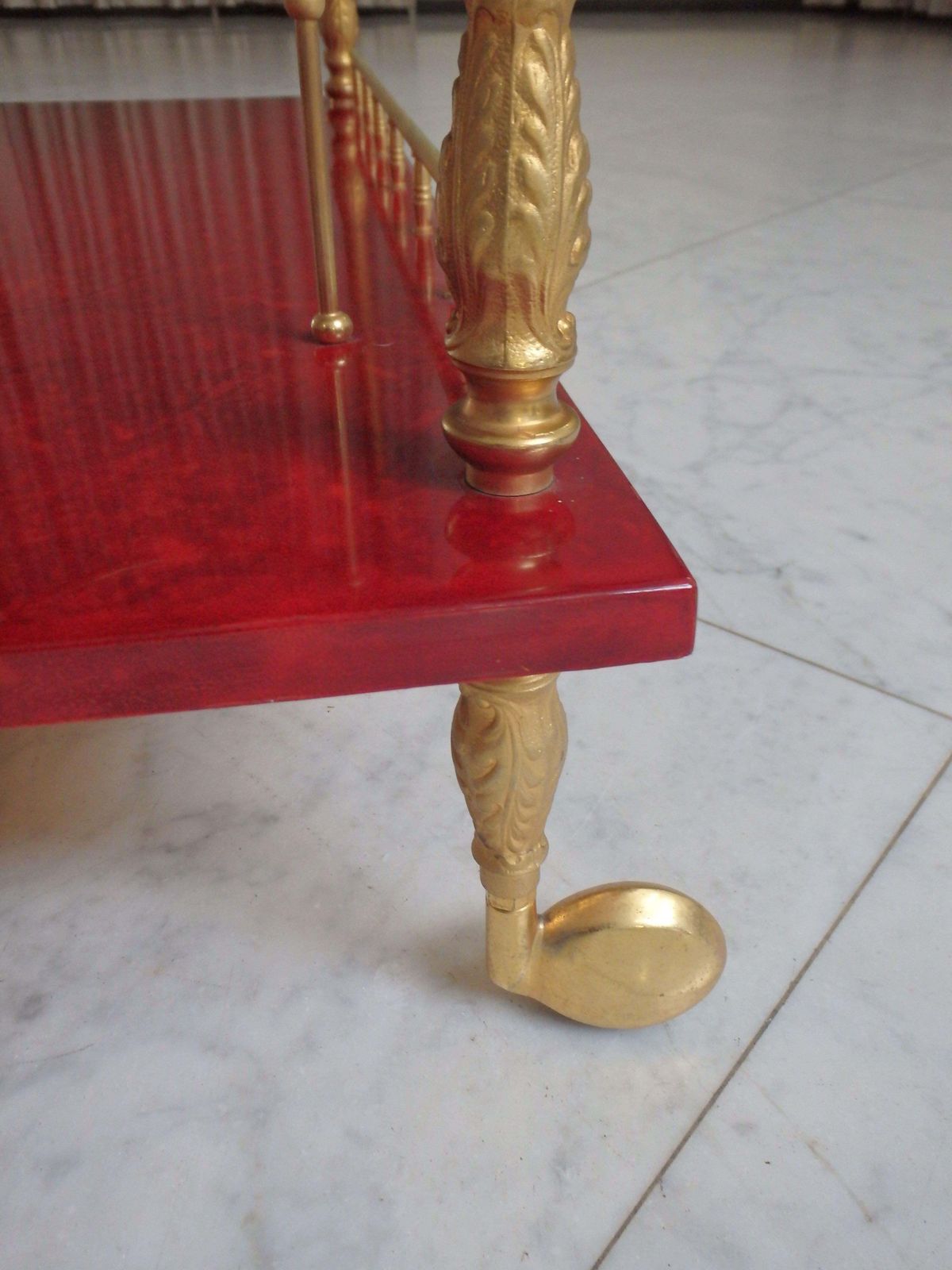 Vibrant Red Coat Skin Bar Cart By Aldo Tura With Wings To Be Opend photo for sale