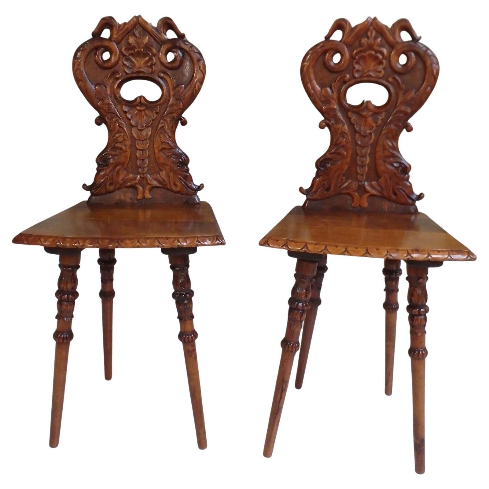 Pair Of 19th Century Brutalist Carved Wooden Chairs With Fabulous Creatures