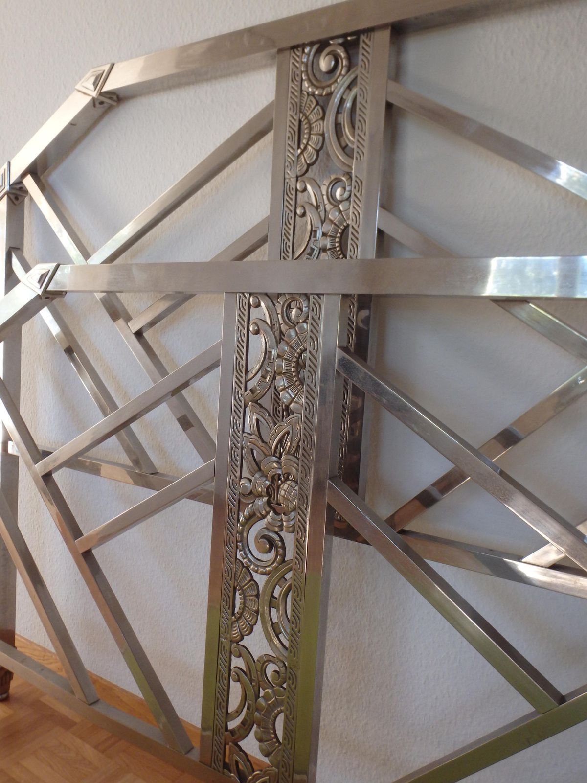 photo for sale Geometrical Spanish Art Deco Nickel Bed Head And Foot Part With Floral Ornaments