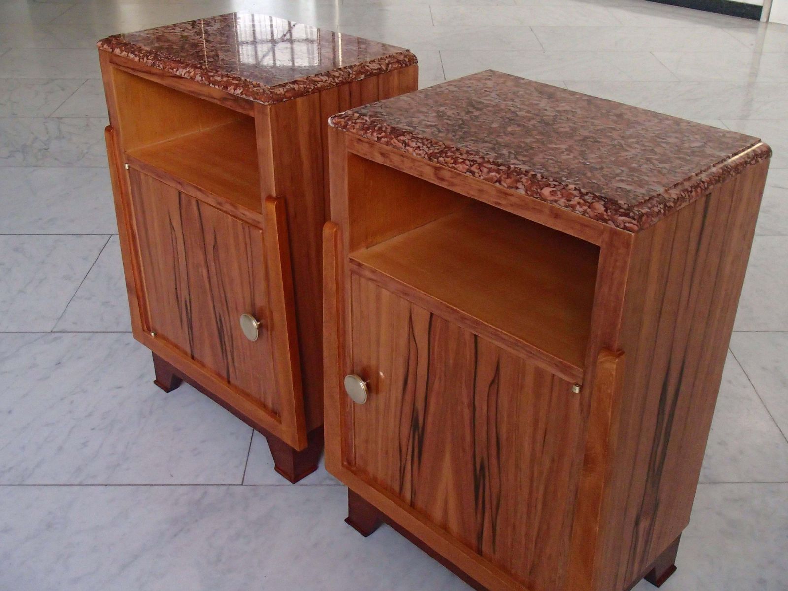 1930 Cubist Pair Nightstands Side Table Apple Wood Red Marble Top photo for sale