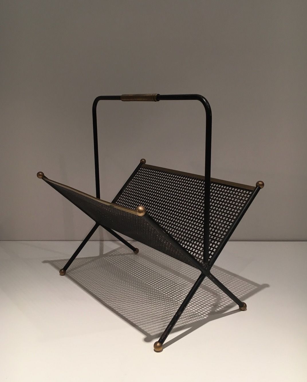 Design Magazine Rack In Black Lacquered Metal, Perforated Sheet Metal And Brass