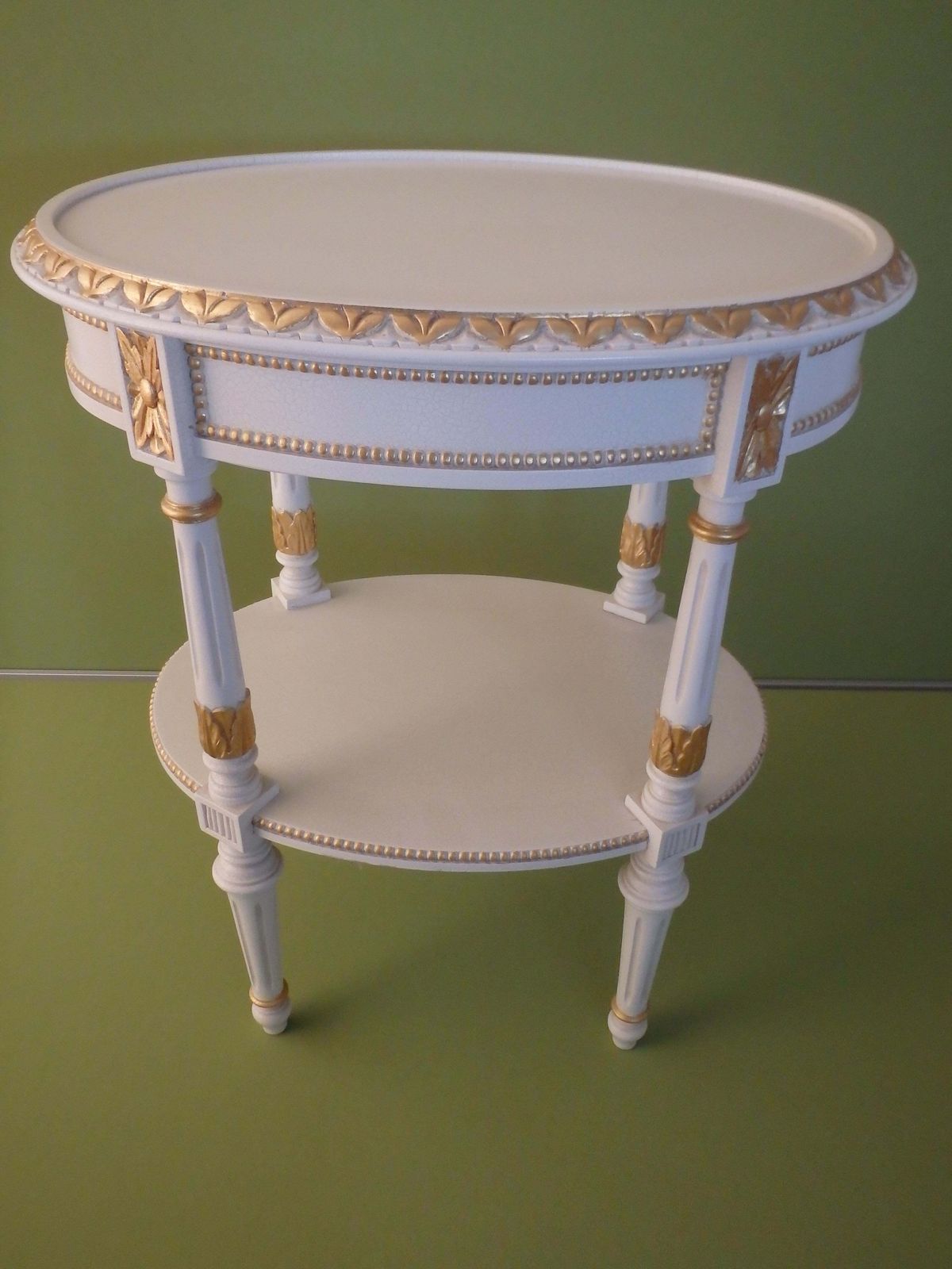 photo for sale Pair Oval Off White "Craquelee" Night Stands With Golden Elements Emipre Stile