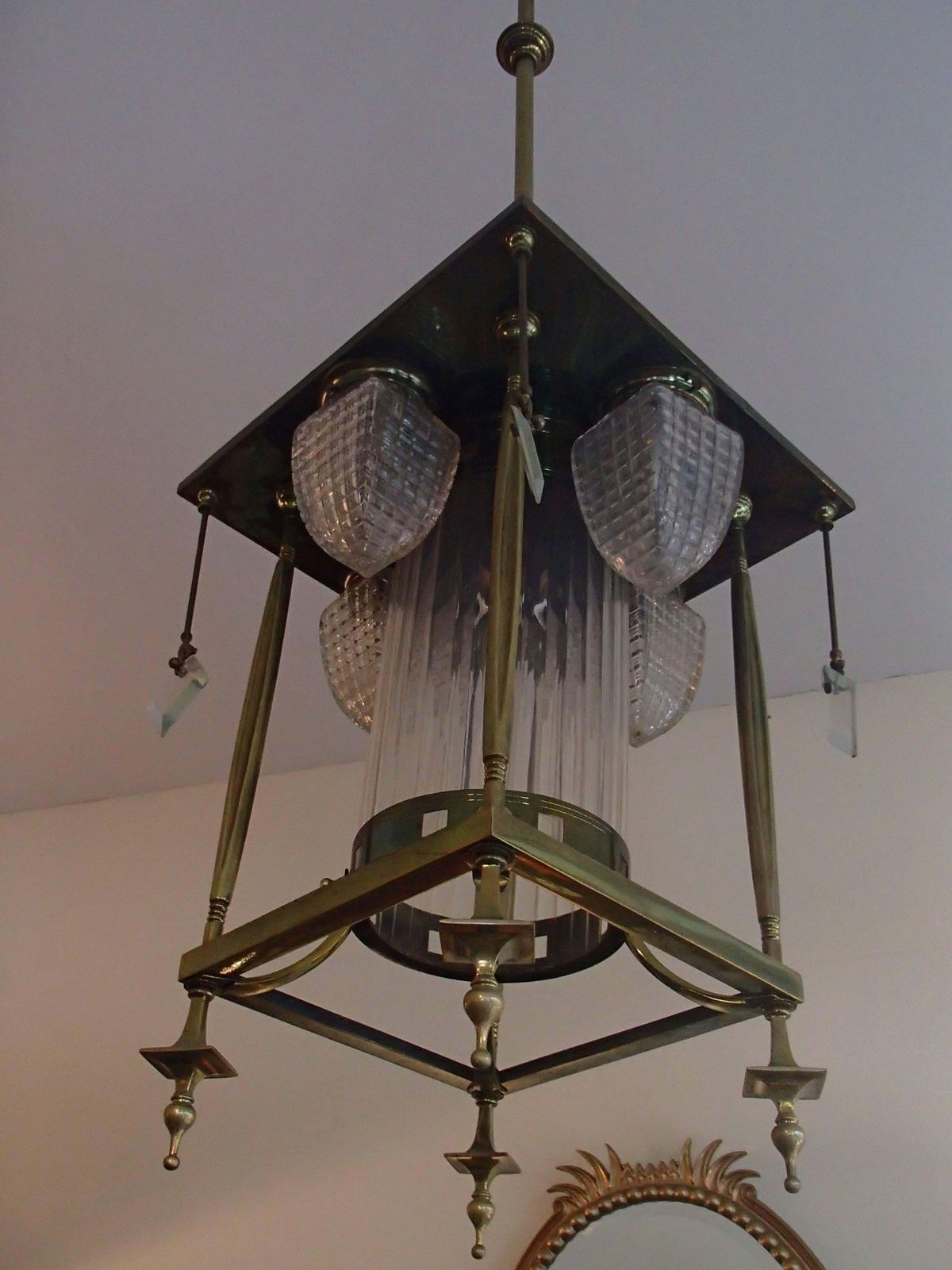 Art Nouveau Long Chandelier Square Bronze And Glass photo furniture