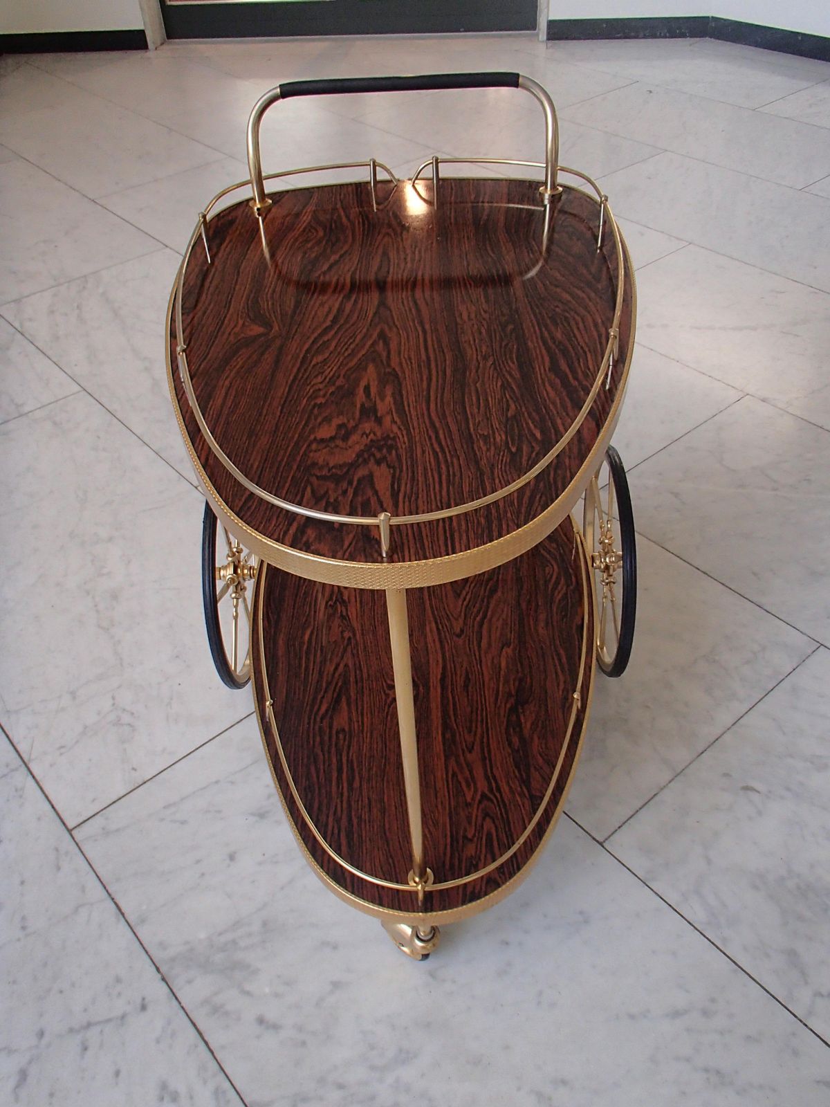 Mid Century Modern Triangle Trolley Brass And Formica Wood photo for sale