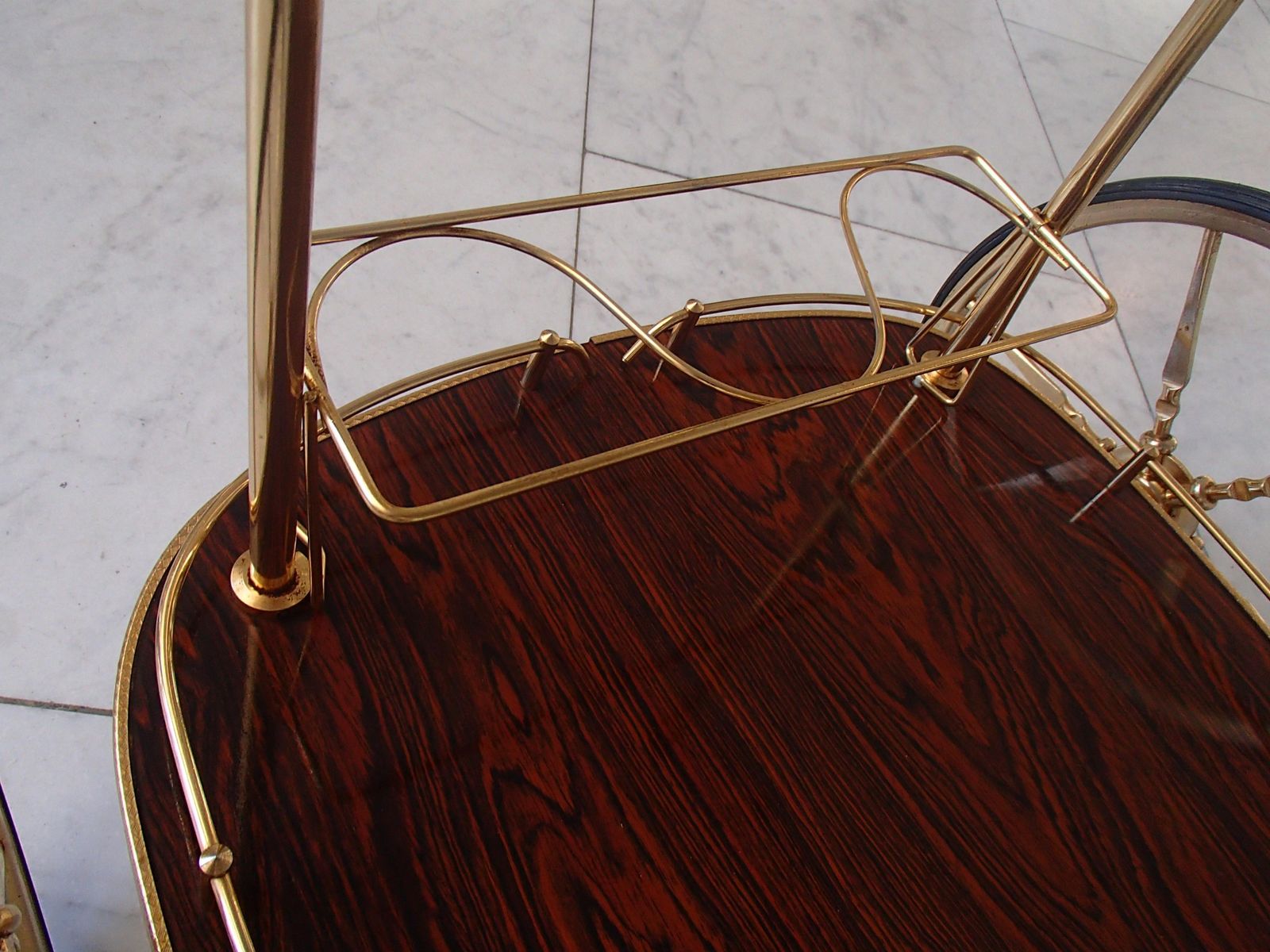 Mid Century Modern Triangle Trolley Brass And Formica Wood photo vinterior