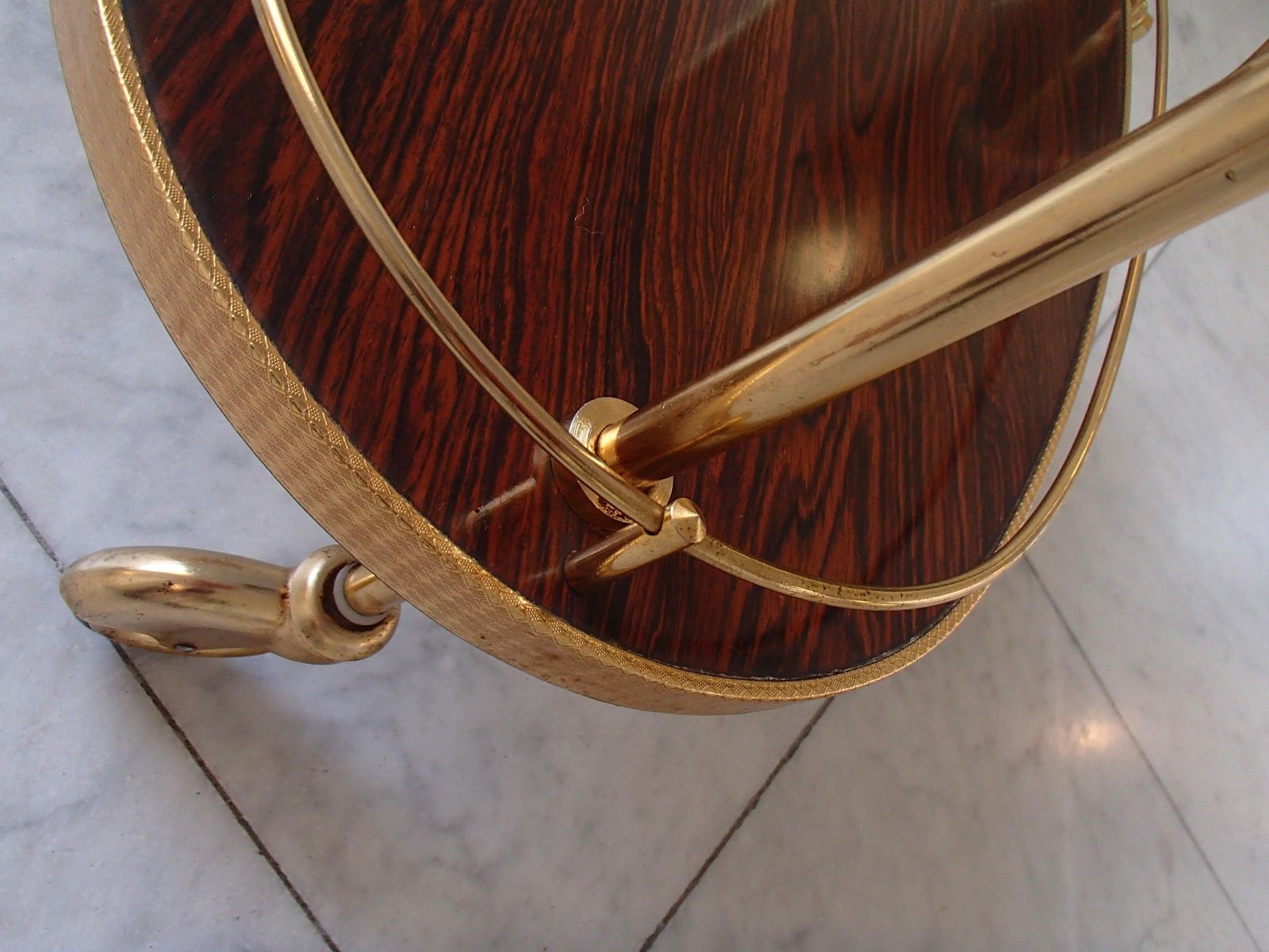 Mid Century Modern Triangle Trolley Brass And Formica Wood photo vintage