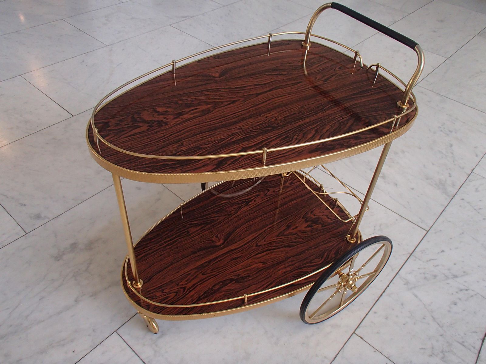 Furniture Mid Century Modern Triangle Trolley Brass And Formica Wood photo