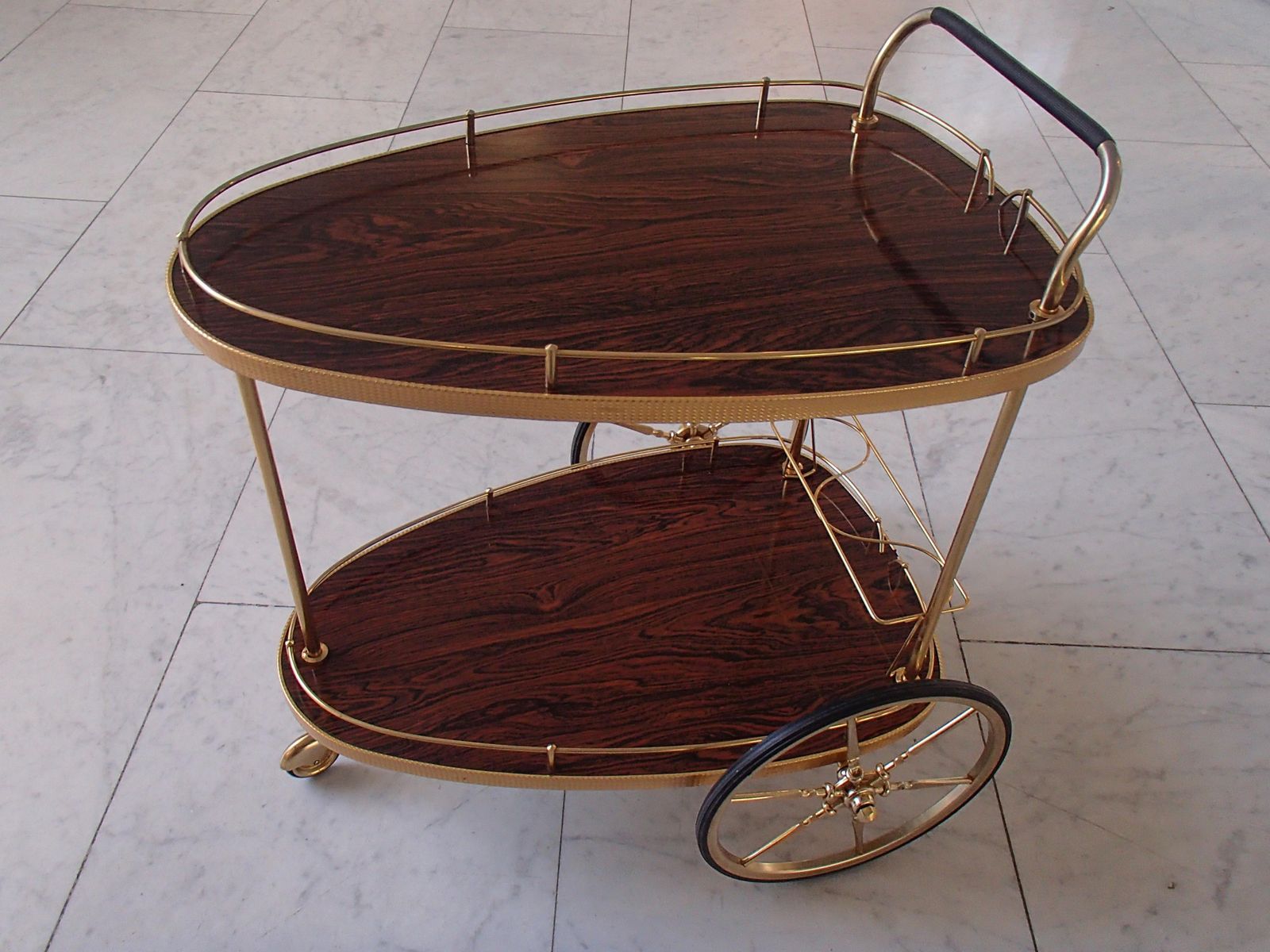 photo buy Mid Century Modern Triangle Trolley Brass And Formica Wood